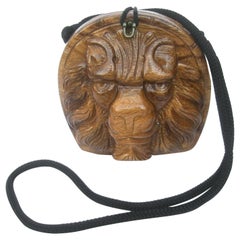 Timmy Woods Beverly Hills Borsa a tracolla in legno intagliato artigianale con leone, anni '90 circa