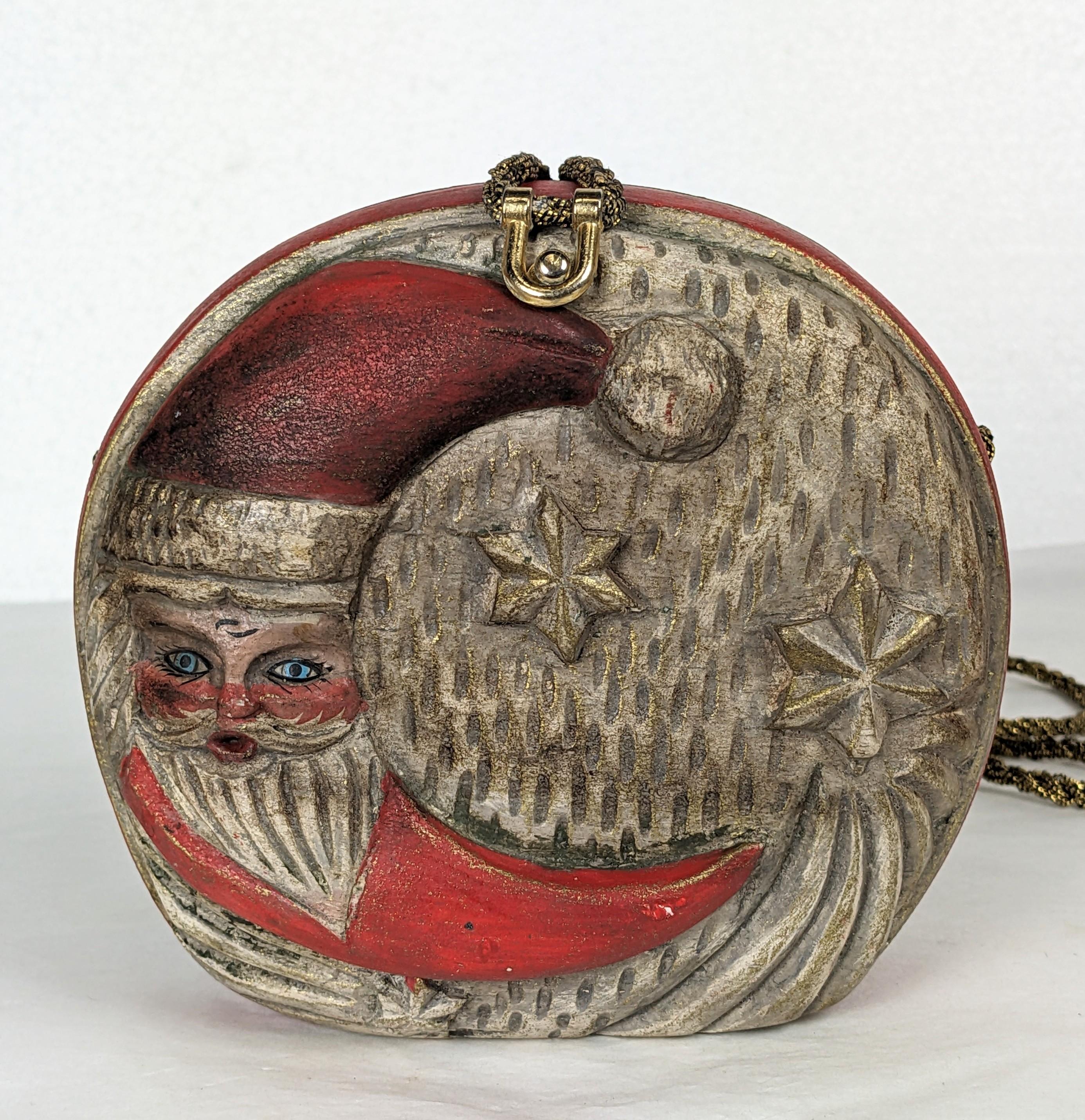 Charming Timmy Woods Santa Purse of carved Acacia wood with hand painted detailing. 1990's USA. 5.5