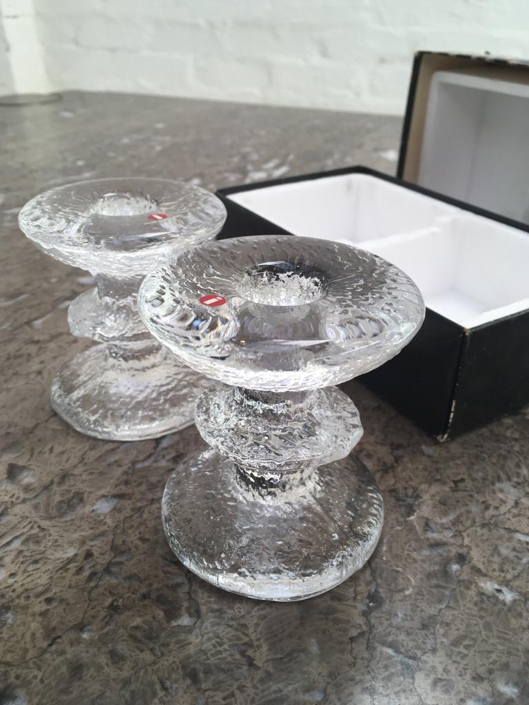 Cast Timo Sarpaneva Festivo Candlesticks by Iittala Glass Finland 1967 Original Box For Sale