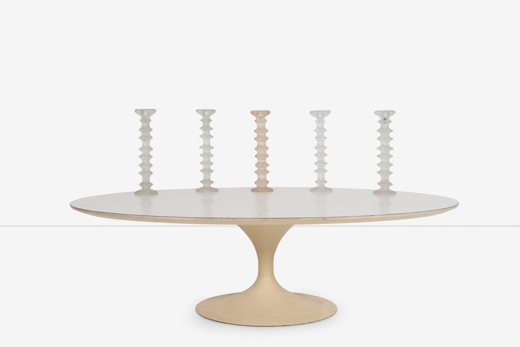 Timo Sarpaneva Festivo Cut Glass Candlesticks for Iittala Finland Collection 1966 set of Thirty-Seven

largest: 9½ h × 3½ dia in (24 × 9 cm)
smallest: 3¼ h × 2¾ dia in
Incised signature to underside of several examples ‘TS’. Decal manufacturer's