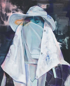 Contemporary figurative painting with masked man 85 x 70 cm