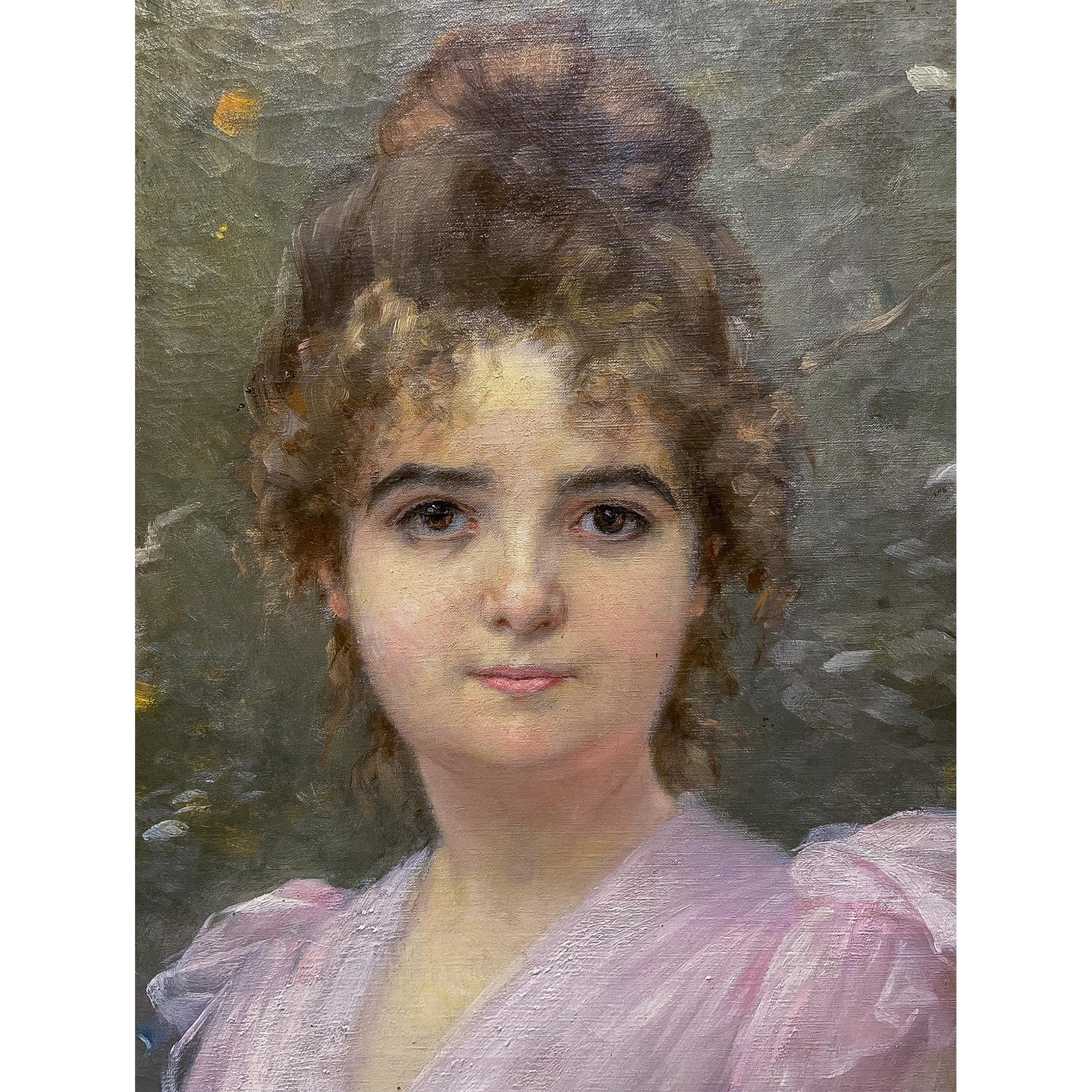 Portrait of An Early 1900's Lady by Timoleon Marie Lobrichon For Sale 1