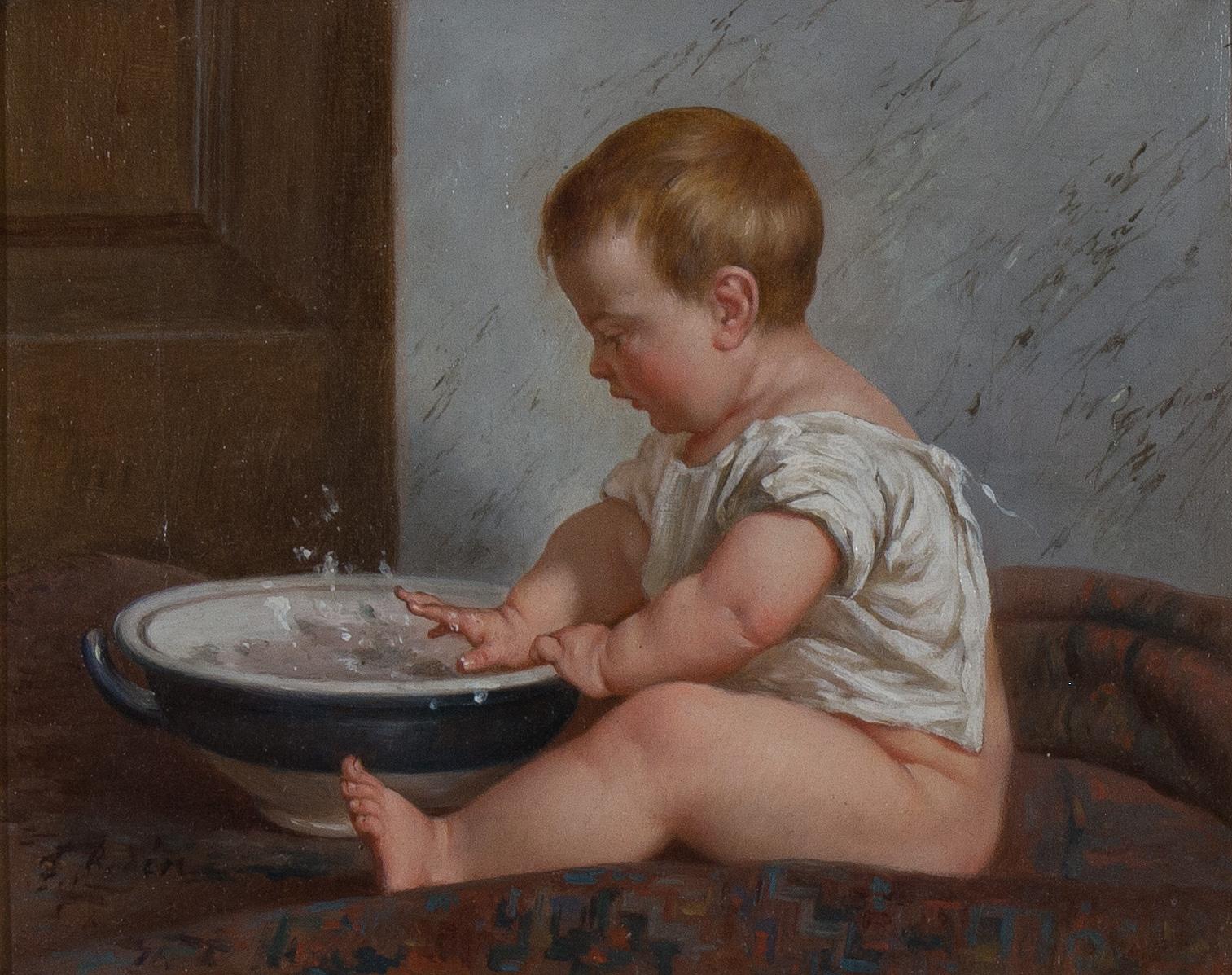 „Tempest in a Teapot“ ein charmantes Gemälde eines Babys, das mit einer Wasserschale spielt – Painting von Timoleon Marie Lobrichon