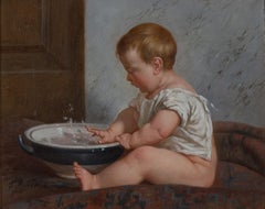 „Tempest in a Teapot“ ein charmantes Gemälde eines Babys, das mit einer Wasserschale spielt
