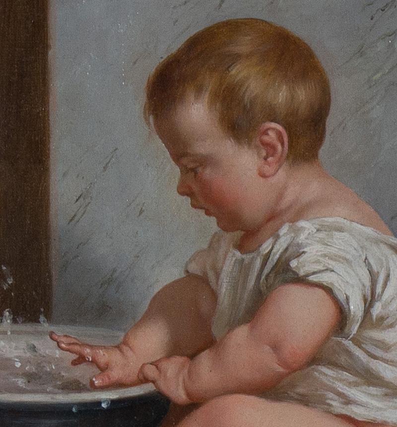 „Tempest in a Teapot“ ein charmantes Gemälde eines Babys, das mit einer Wasserschale spielt (Realismus), Painting, von Timoleon Marie Lobrichon