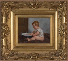 "Tempestad en una tetera" una encantadora pintura de un bebé jugando con un cuenco de agua