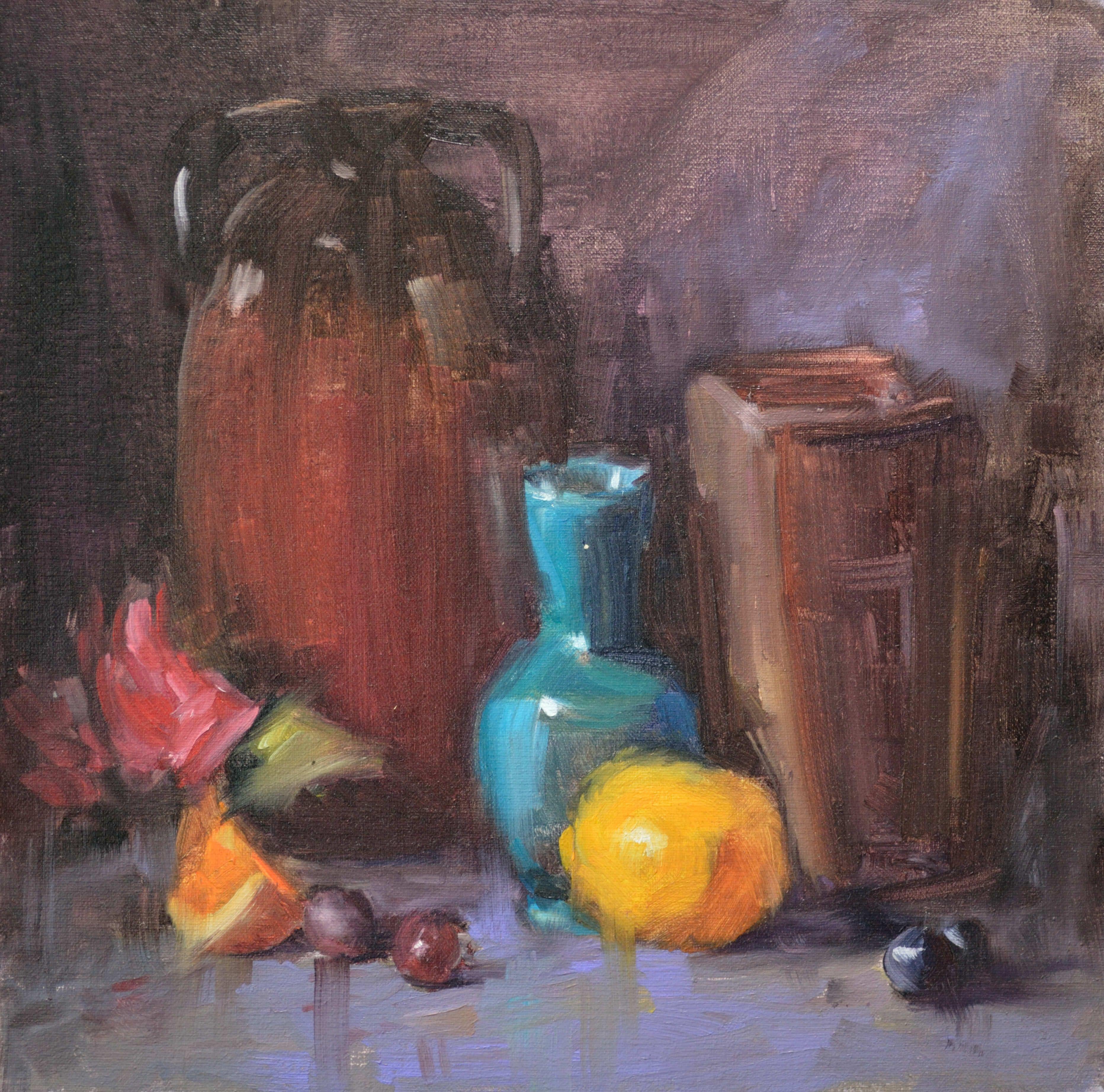 Blau-grüne Vase, Gemälde, Öl auf Leinwand – Painting von Timon Sloane
