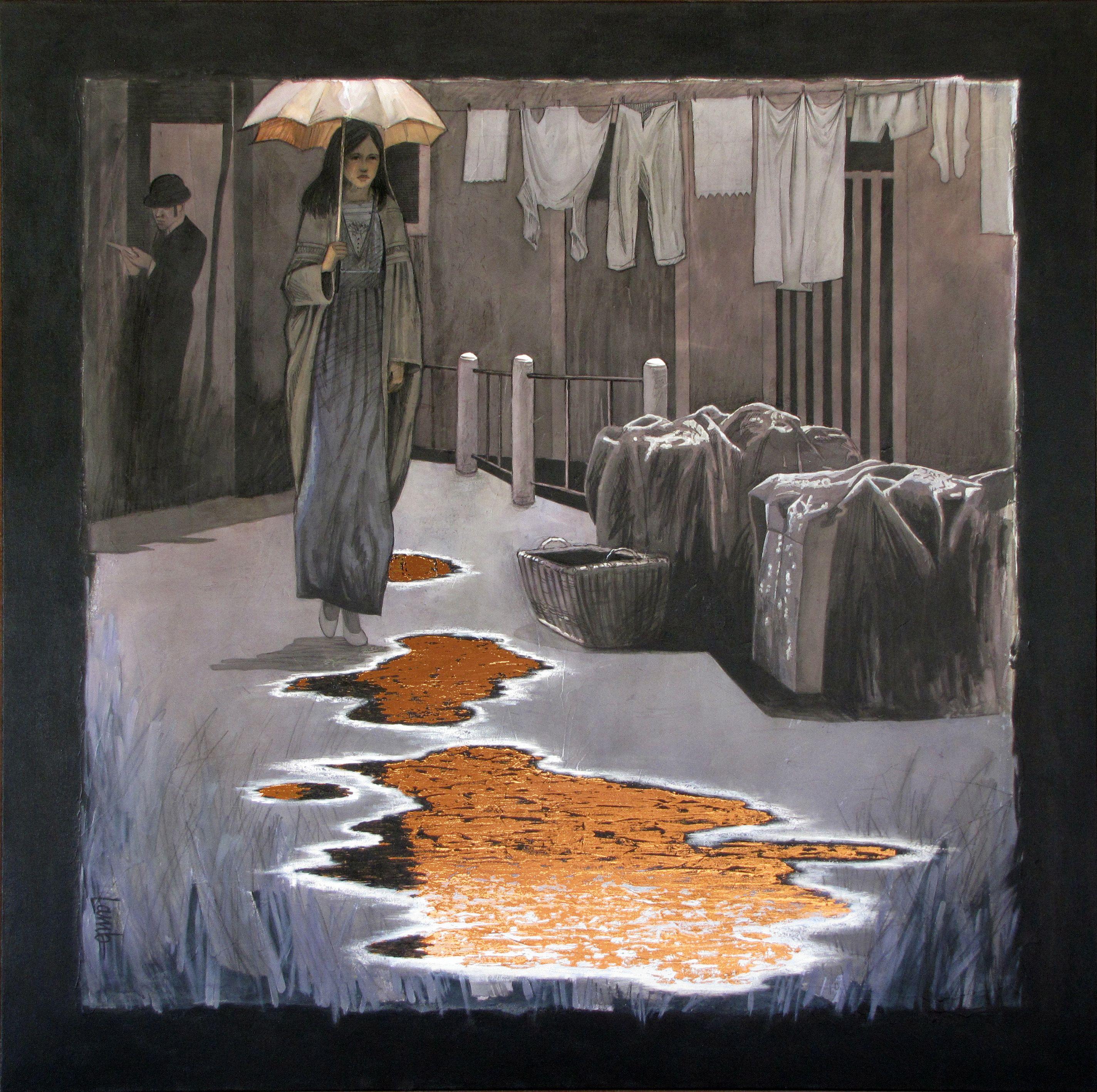 I let the painting take me where it would on this one. The photo that inspired it was somewhat romantic and melancholy. I added the puddles, struggling with their imagery. I used to think that the copper in the puddles was a reflection from the sky,