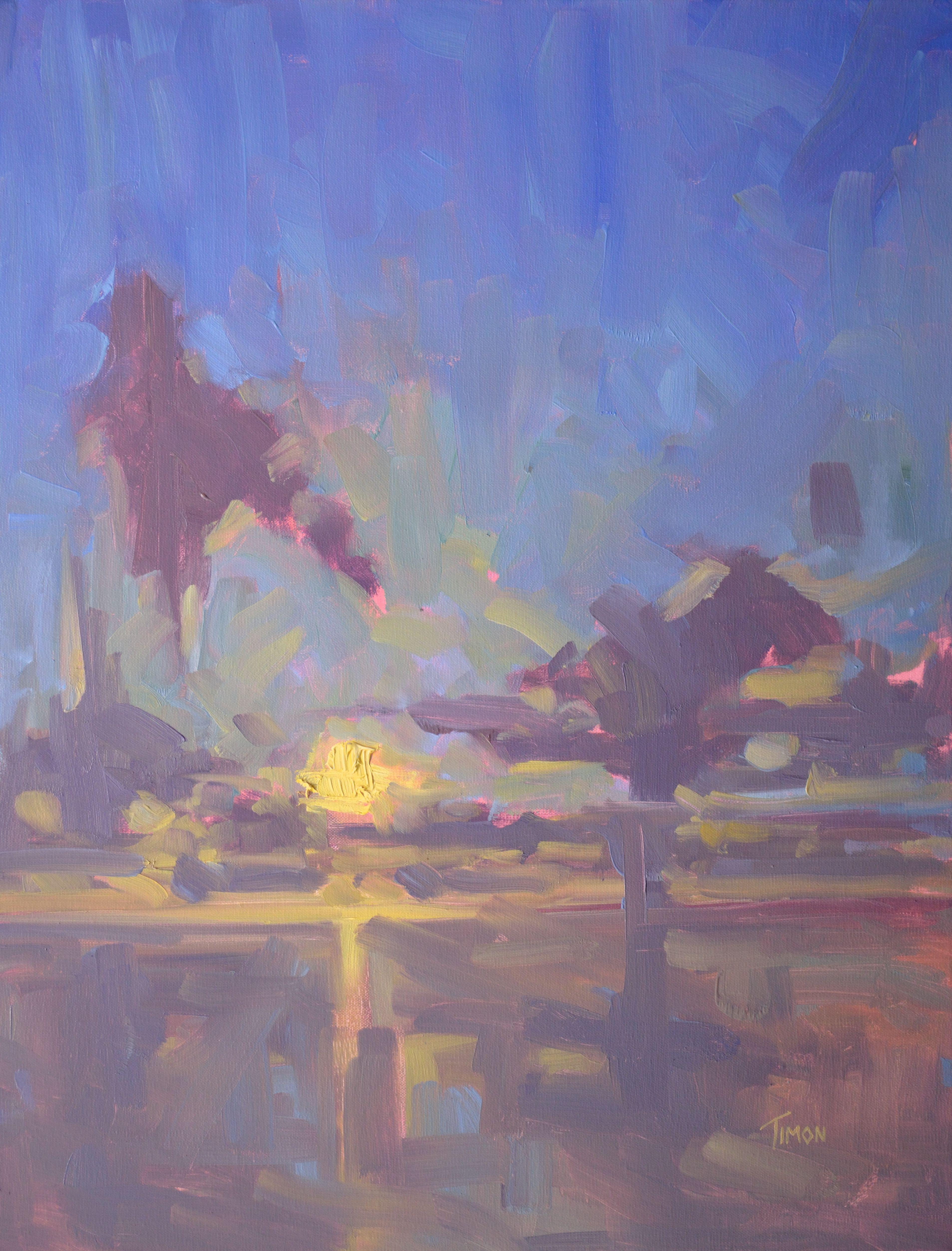 Paisaje de cielo púrpura-amarillo, Pintura, Óleo sobre lienzo - Painting de Timon Sloane