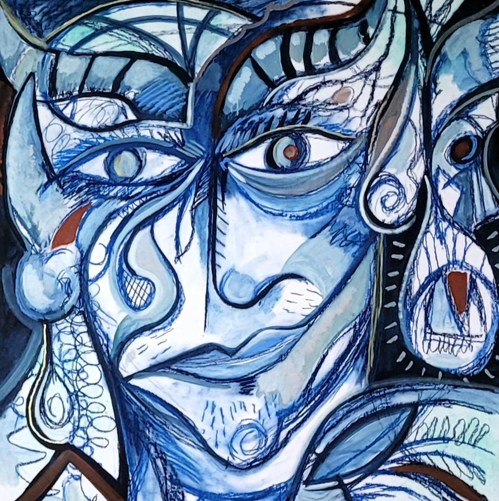 Le sourire de Pan Timothy Archer Art contemporain peinture dessin bleu mythologie  en vente 1