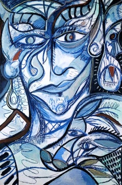 Pan's smile Timothy Archer Contemporary art painting drawing blue mythology 