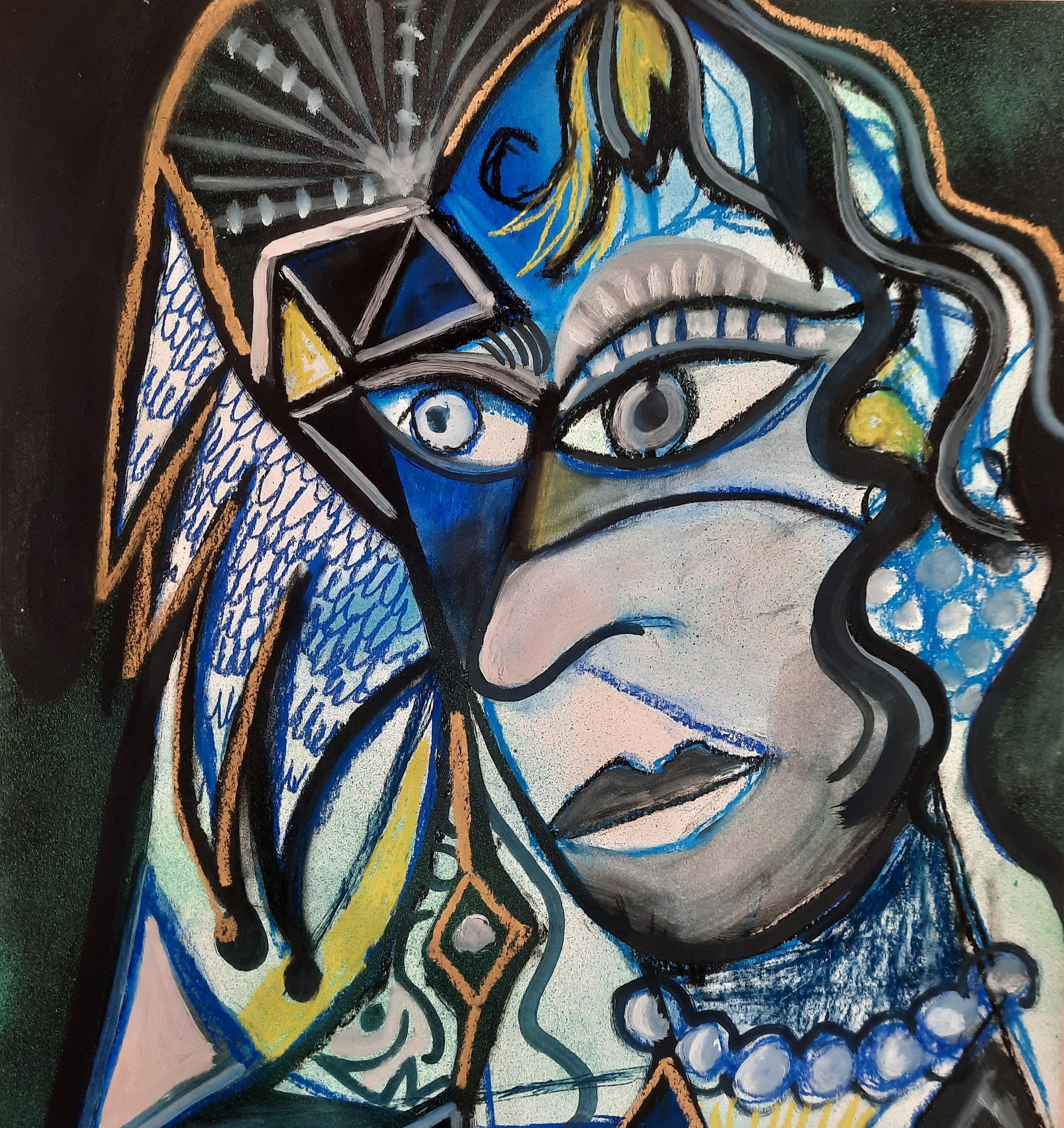 Reina madre arrepentida Timothy Archer Pintura de arte contemporáneo azul pastel en venta 1