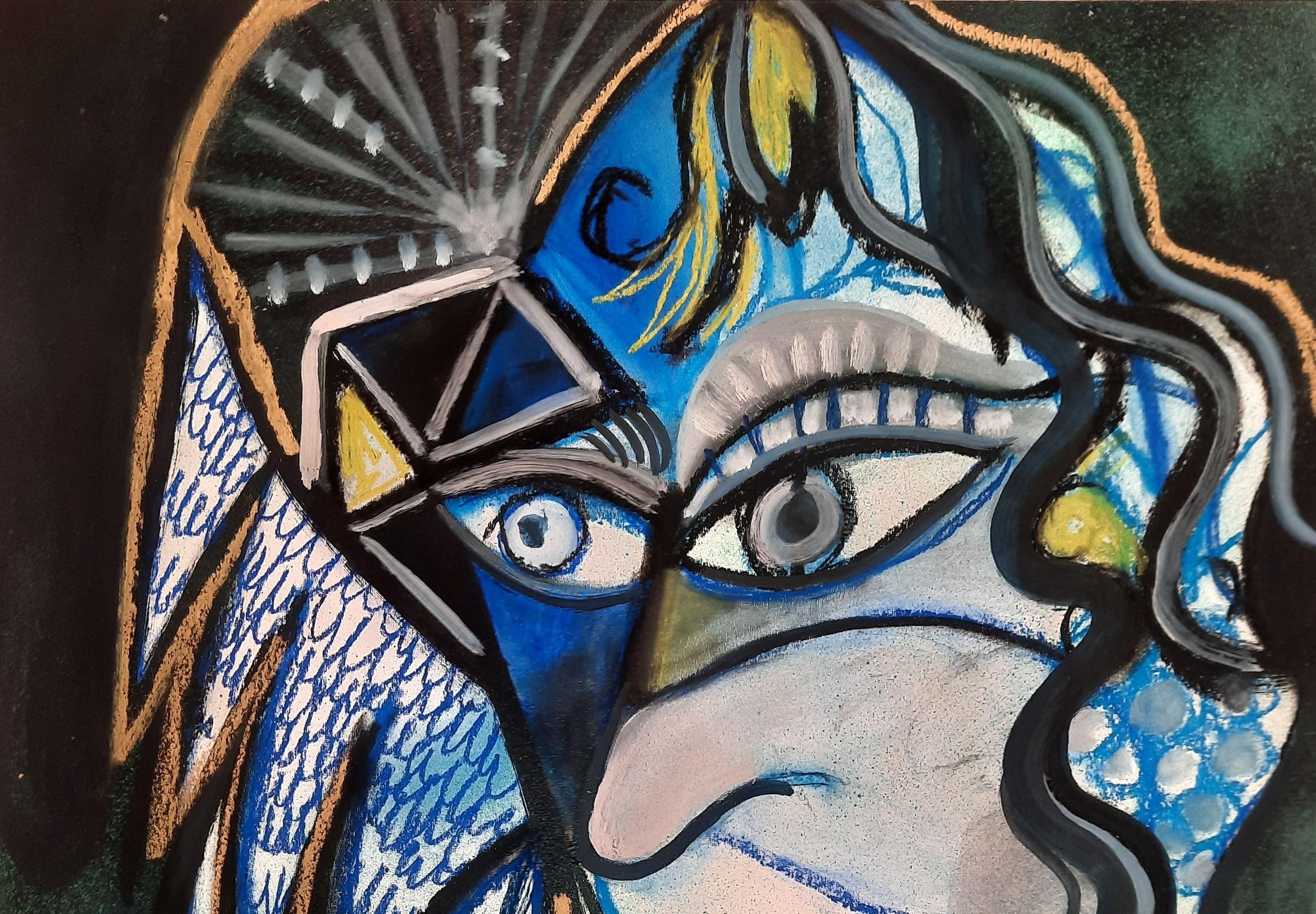 Reina madre arrepentida Timothy Archer Pintura de arte contemporáneo azul pastel en venta 3