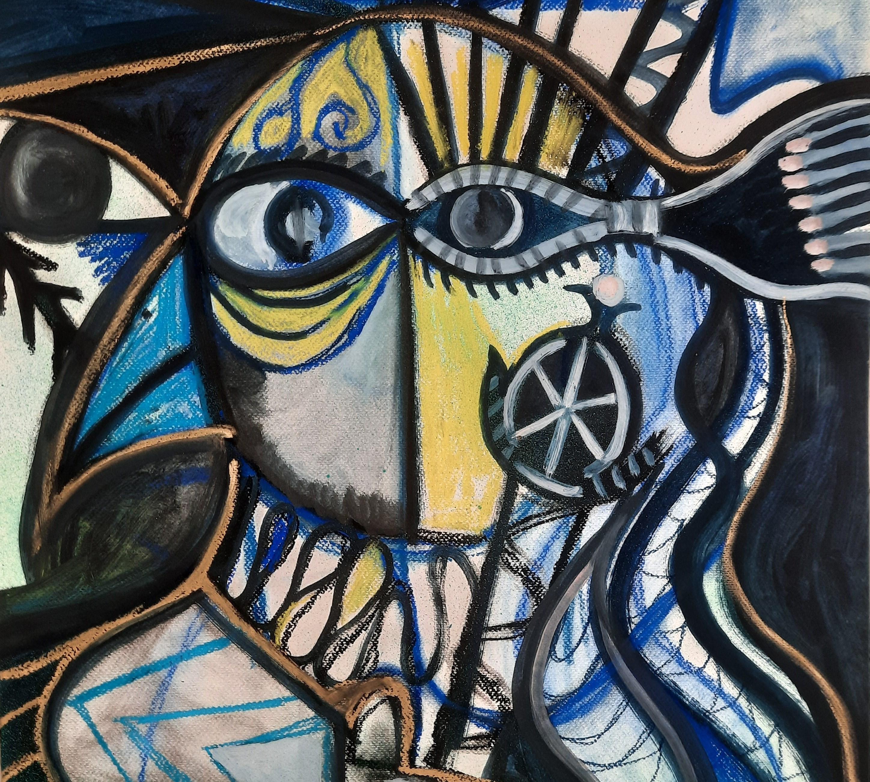 The avian mage Timothy Archer Contemporary art painting pastel blue bird animal For Sale 4