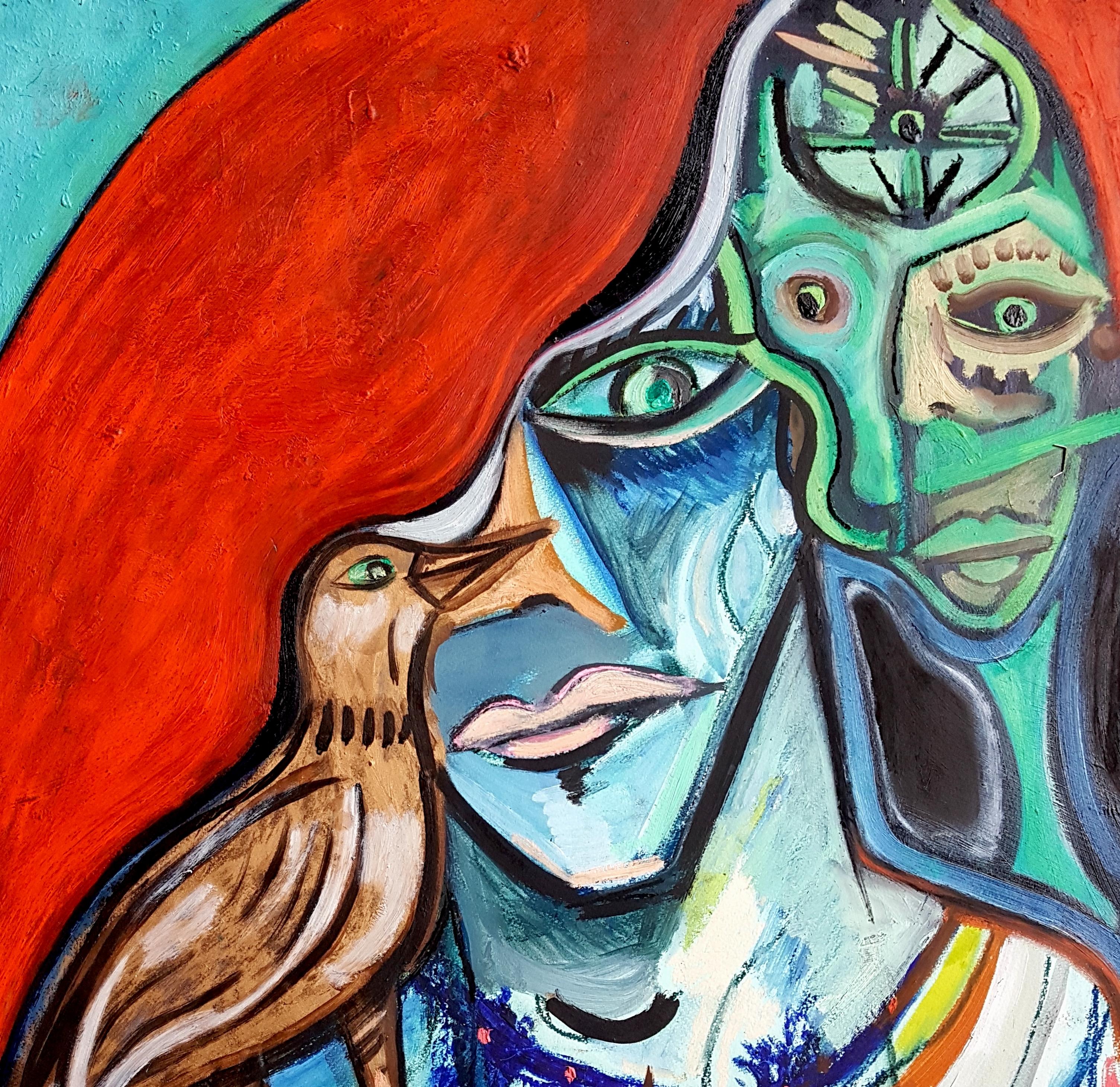 L'oiseau derrière le rideau - Timothy Archer, peinture contemporaine du XXIe siècle en vente 1