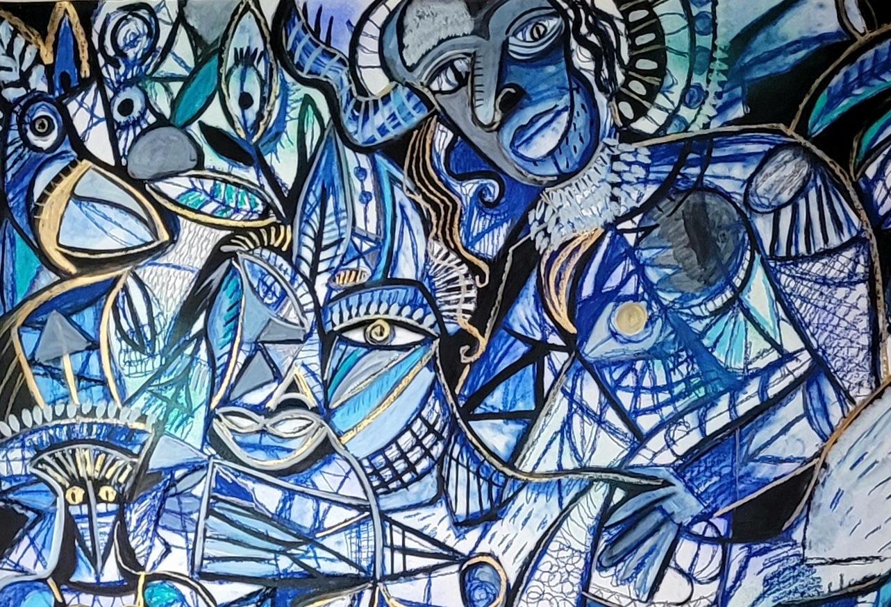The border trainer Timothy Archer Art contemporain dessin peinture bleu pastel  en vente 2