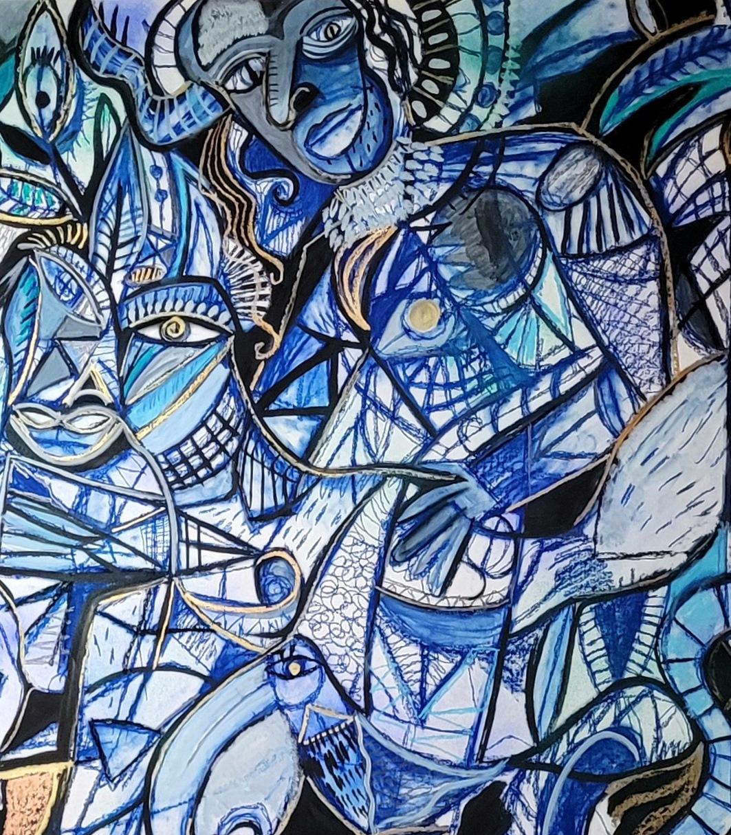 The border trainer Timothy Archer Art contemporain dessin peinture bleu pastel  en vente 3