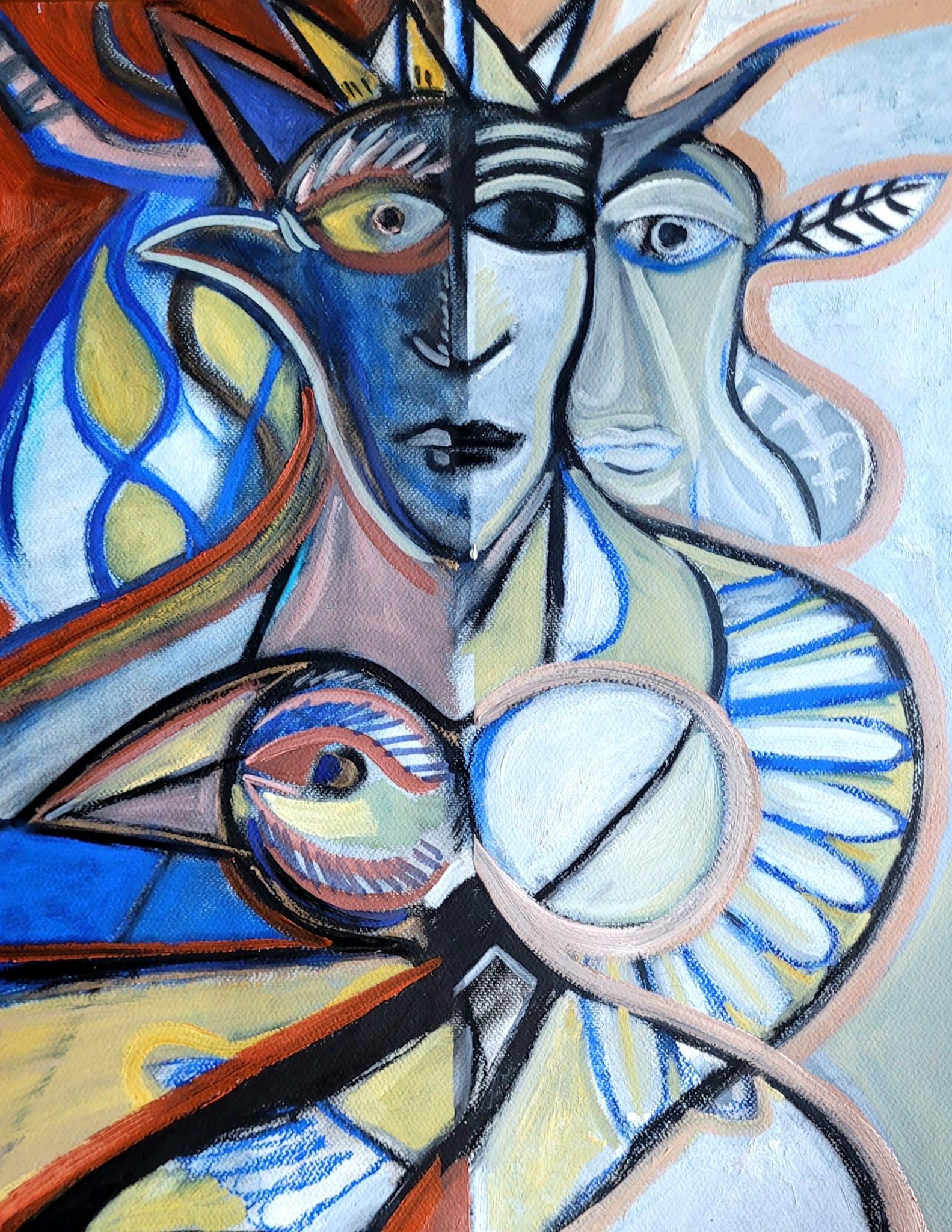 L'uccello della gabbia sognerà le nuvole Timothy Archer Arte contemporanea pittura blu