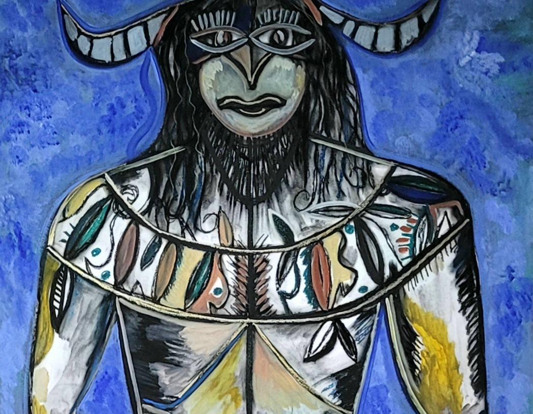 Der bescheidene Faun Timothy Archer Zeitgenössische Kunst Gemälde blau Mythologie Öl  im Angebot 1