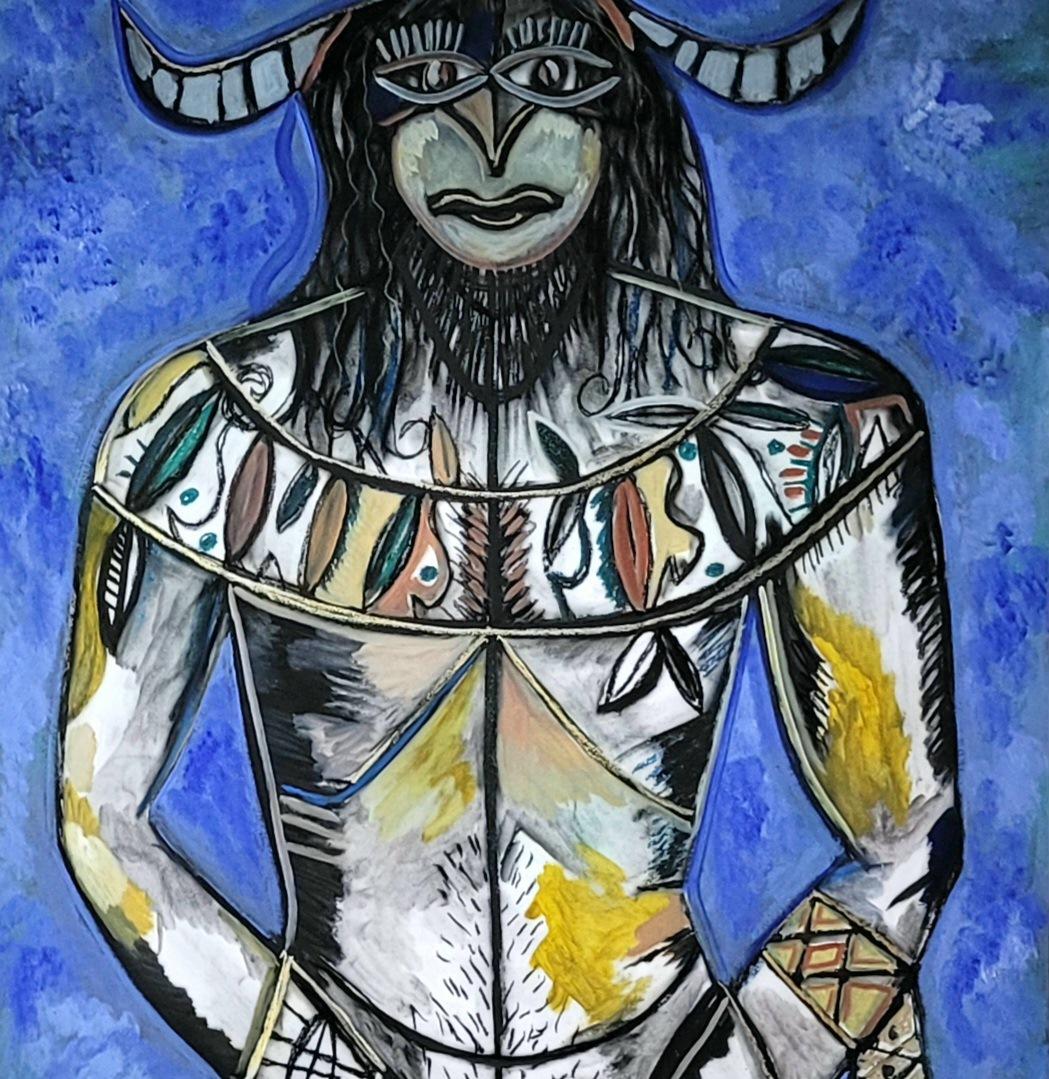 Der bescheidene Faun Timothy Archer Zeitgenössische Kunst Gemälde blau Mythologie Öl  im Angebot 2