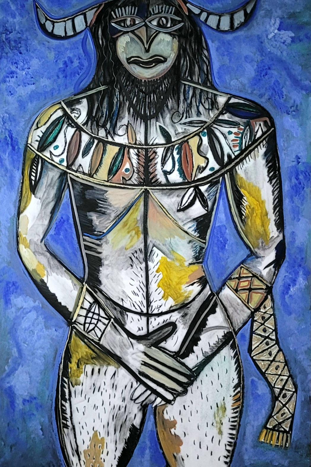 The modest faun Timothy Archer Peinture d'art contemporain bleu mythologie huile 