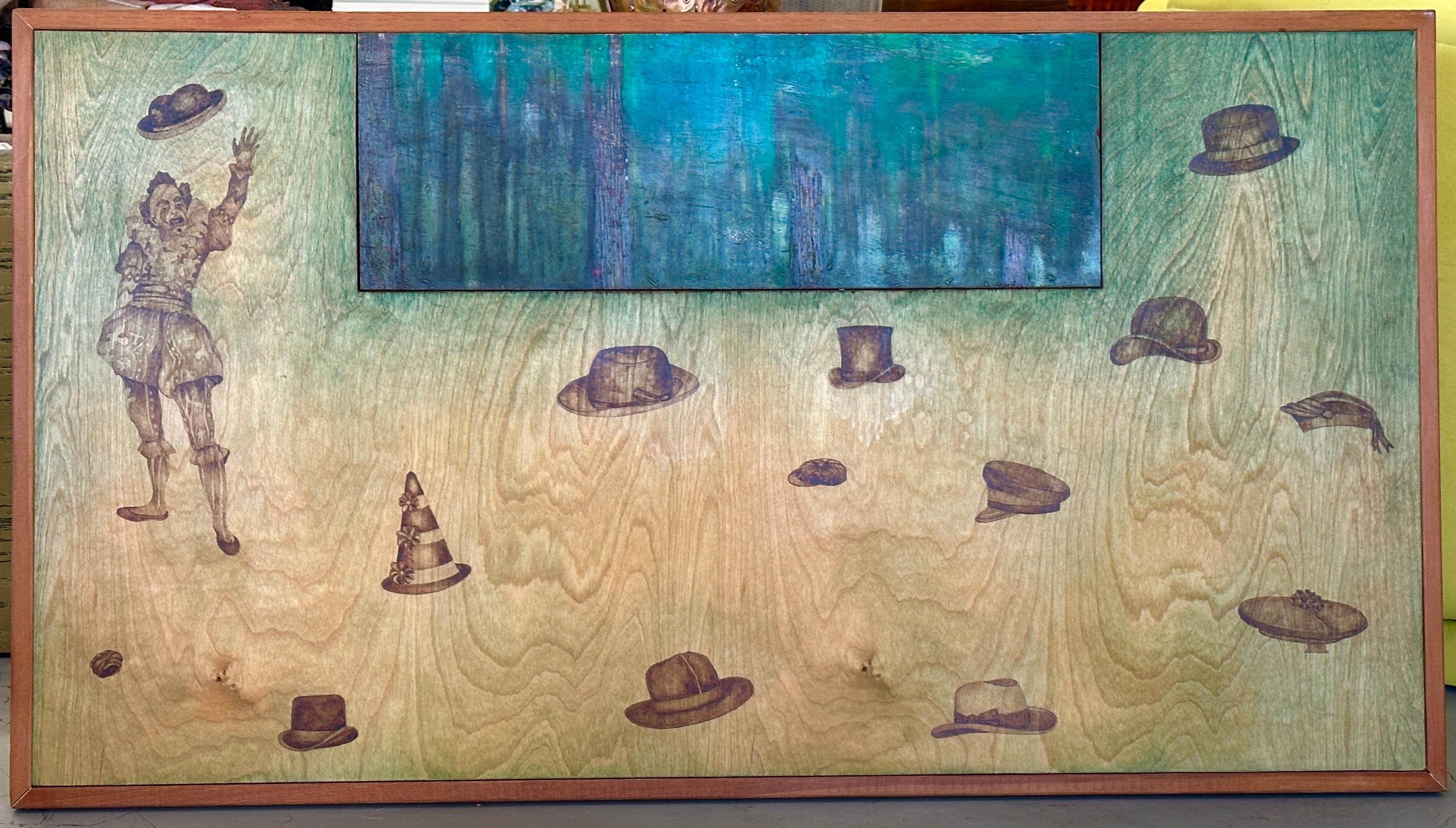 Fascinating painting on wood panel by the noted Bay Area artist Timothy Berry.  It is comprised of two paintings that are titled and dated separately and mated together. The inset is “Rainforest Study II” 1990 and the larger piece is titled “Free