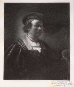 1910 Master Wood Engraving after Rembrandt with Cap, Signed