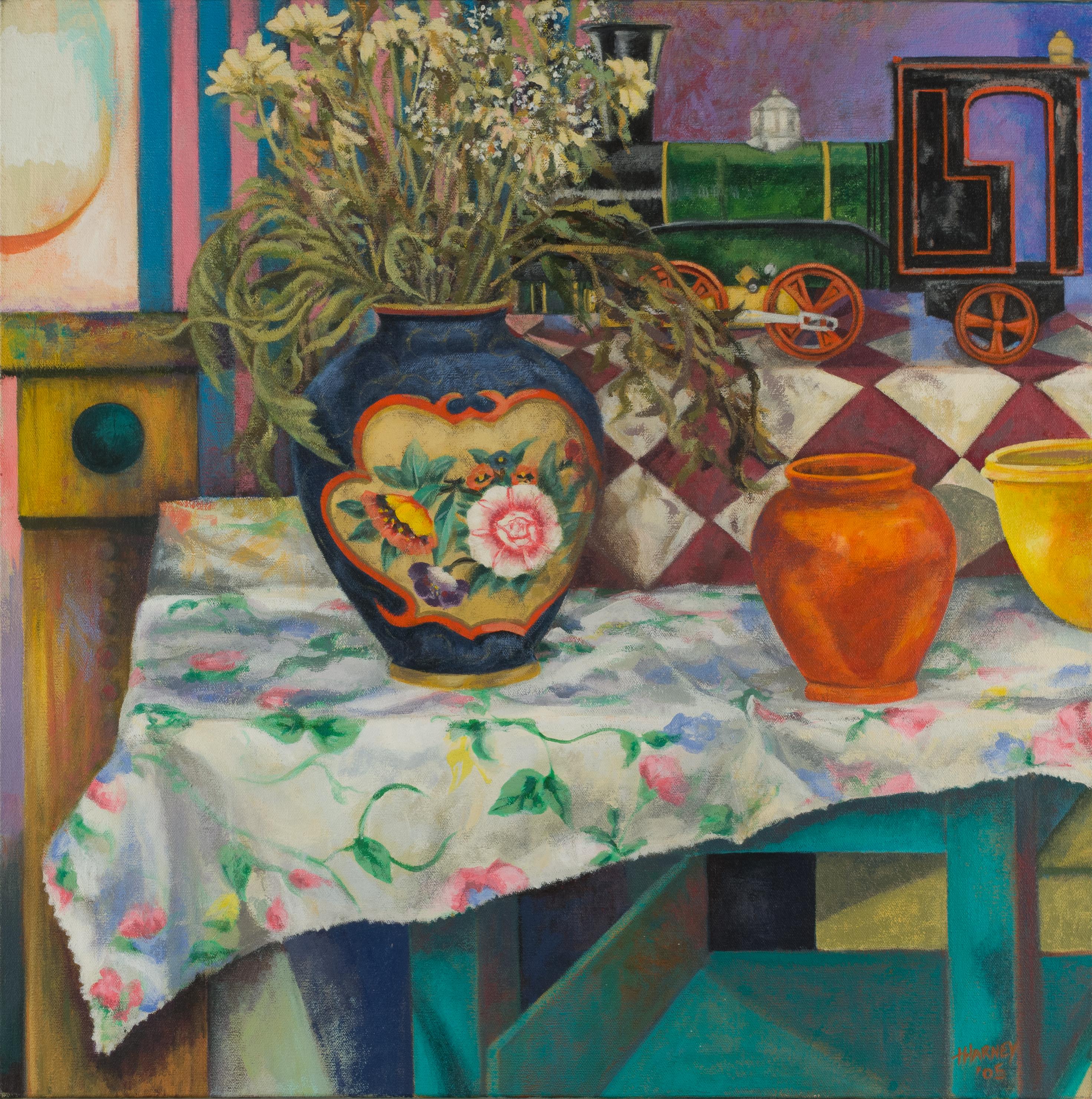 Timothy Harney Still-Life Painting - Still Life with Japanese Pot and Toy Train