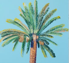 3 Blue Palm Shadows Acrylic Painting, Contemporary, Signed Artwork