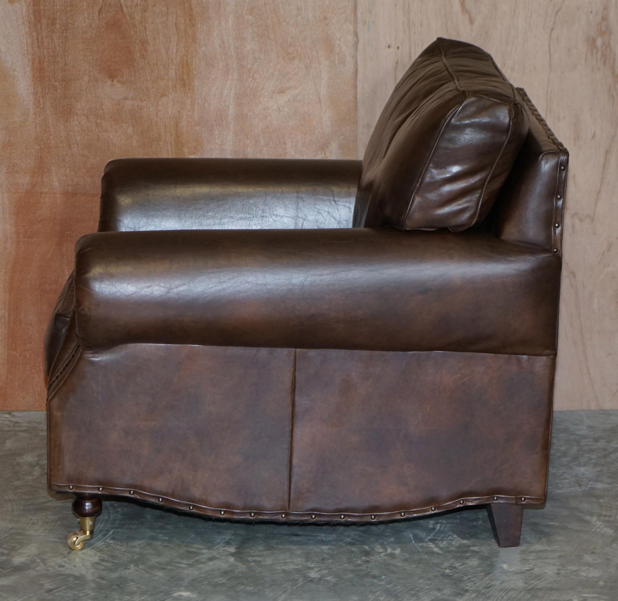 Timothy Oulton Balmoral Heritage Brown Leather Club Armchair with Brass Castors 9