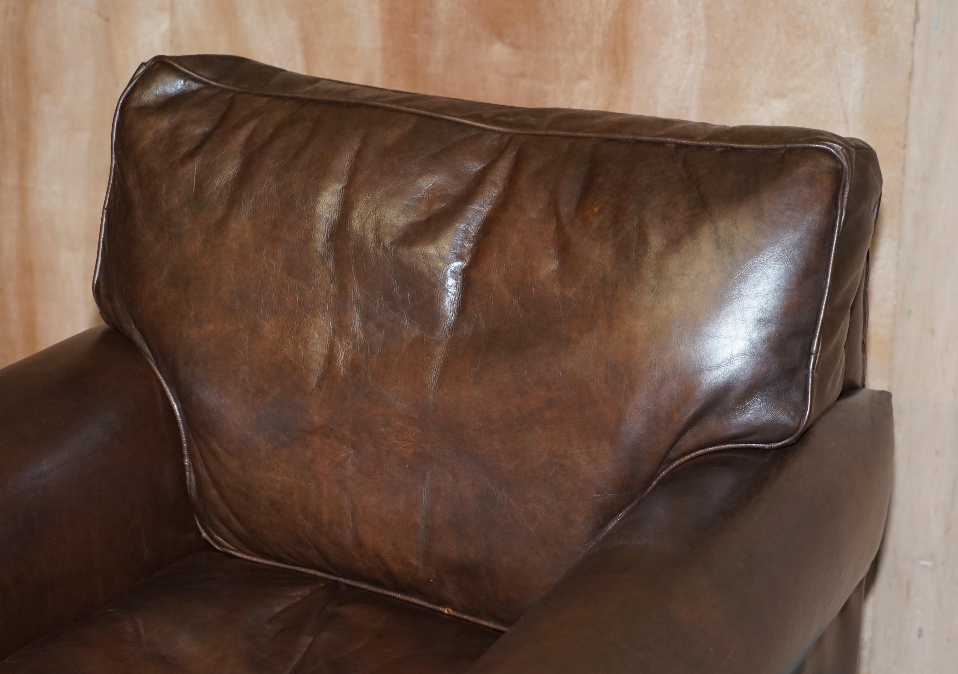 Art Deco Timothy Oulton Balmoral Heritage Brown Leather Club Armchair with Brass Castors