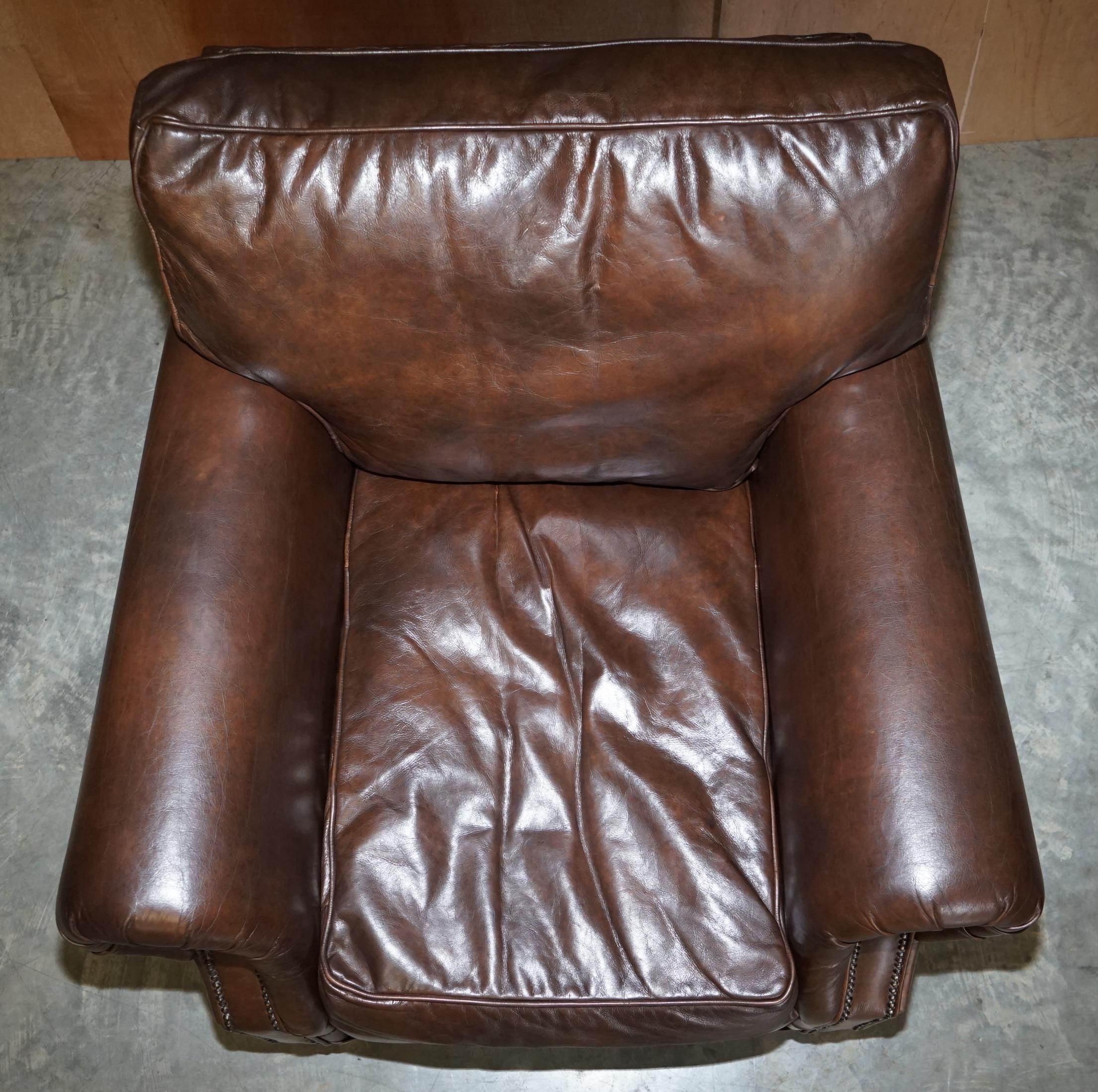 Hand-Crafted Timothy Oulton Balmoral Heritage Brown Leather Club Armchair with Brass Castors