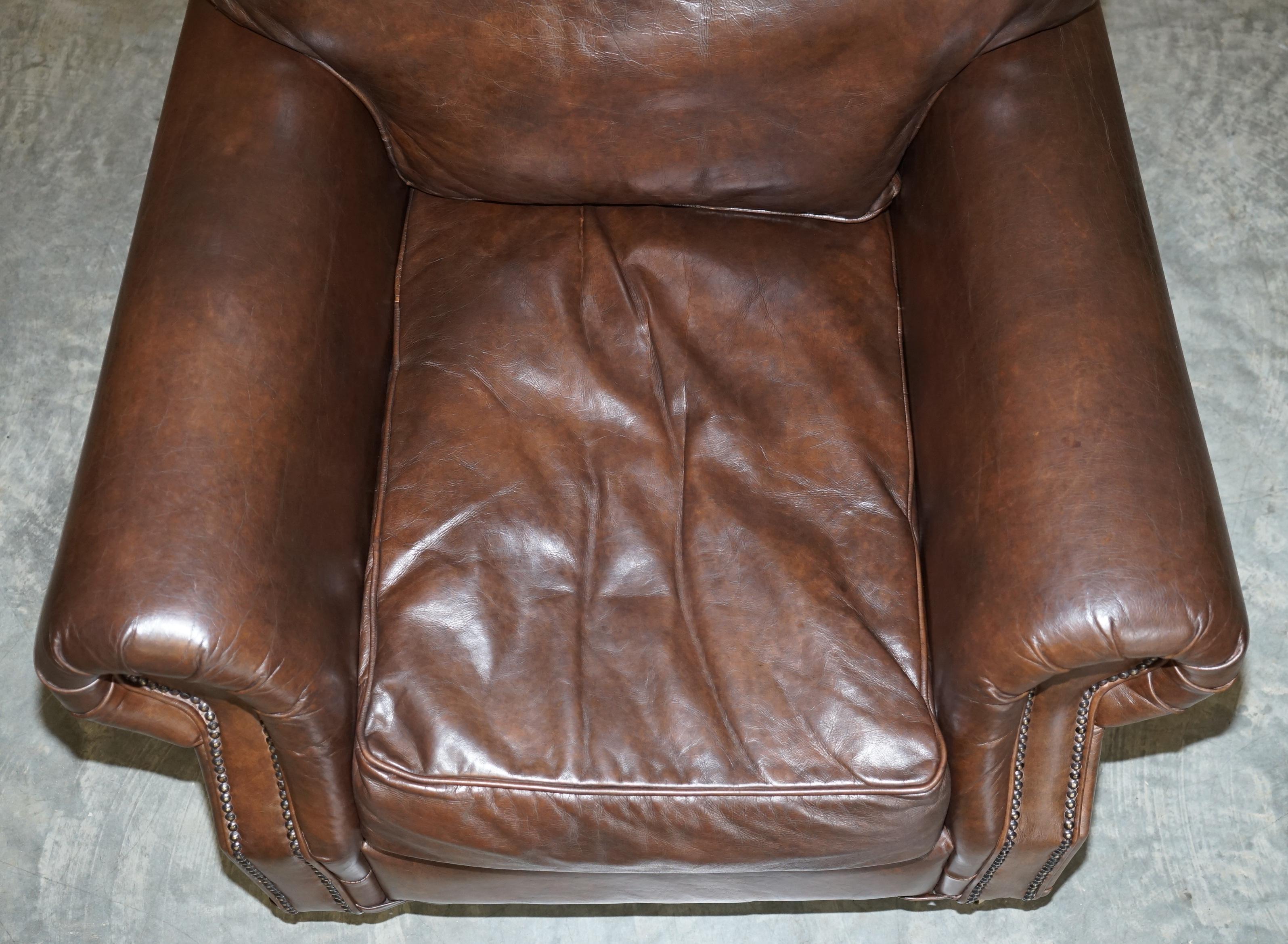Timothy Oulton Balmoral Heritage Brown Leather Club Armchair with Brass Castors In Good Condition In West Sussex, Pulborough