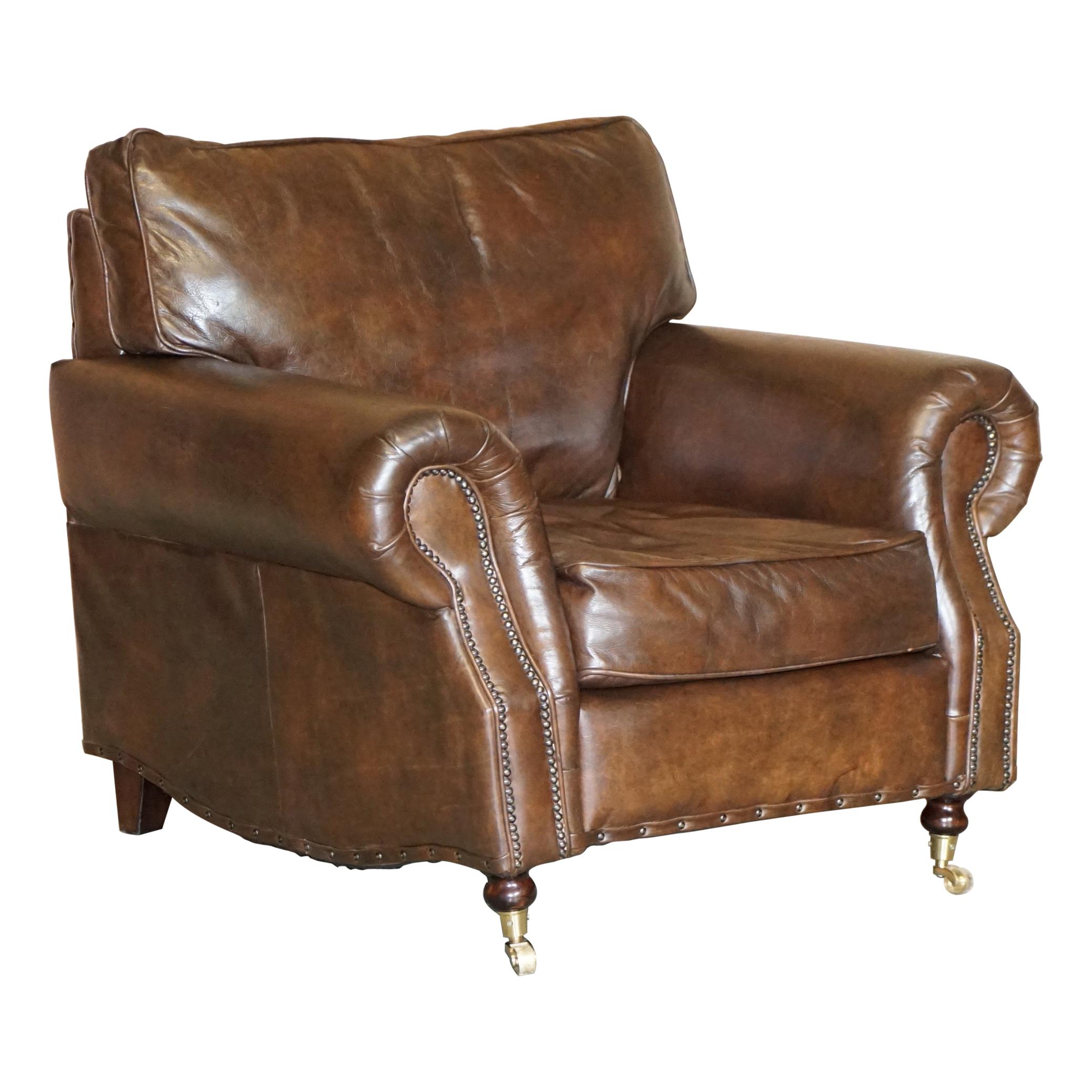 Timothy Oulton Balmoral Heritage Brown Leather Club Armchair with Brass Castors