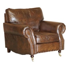 Vintage Timothy Oulton Balmoral Heritage Brown Leather Club Armchair with Brass Castors