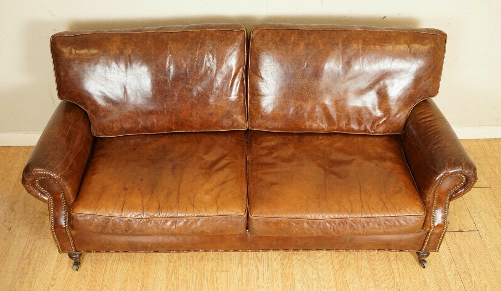 British Timothy Oulton Cigar Brown Balmoral Leather Three Seater Club Sofa