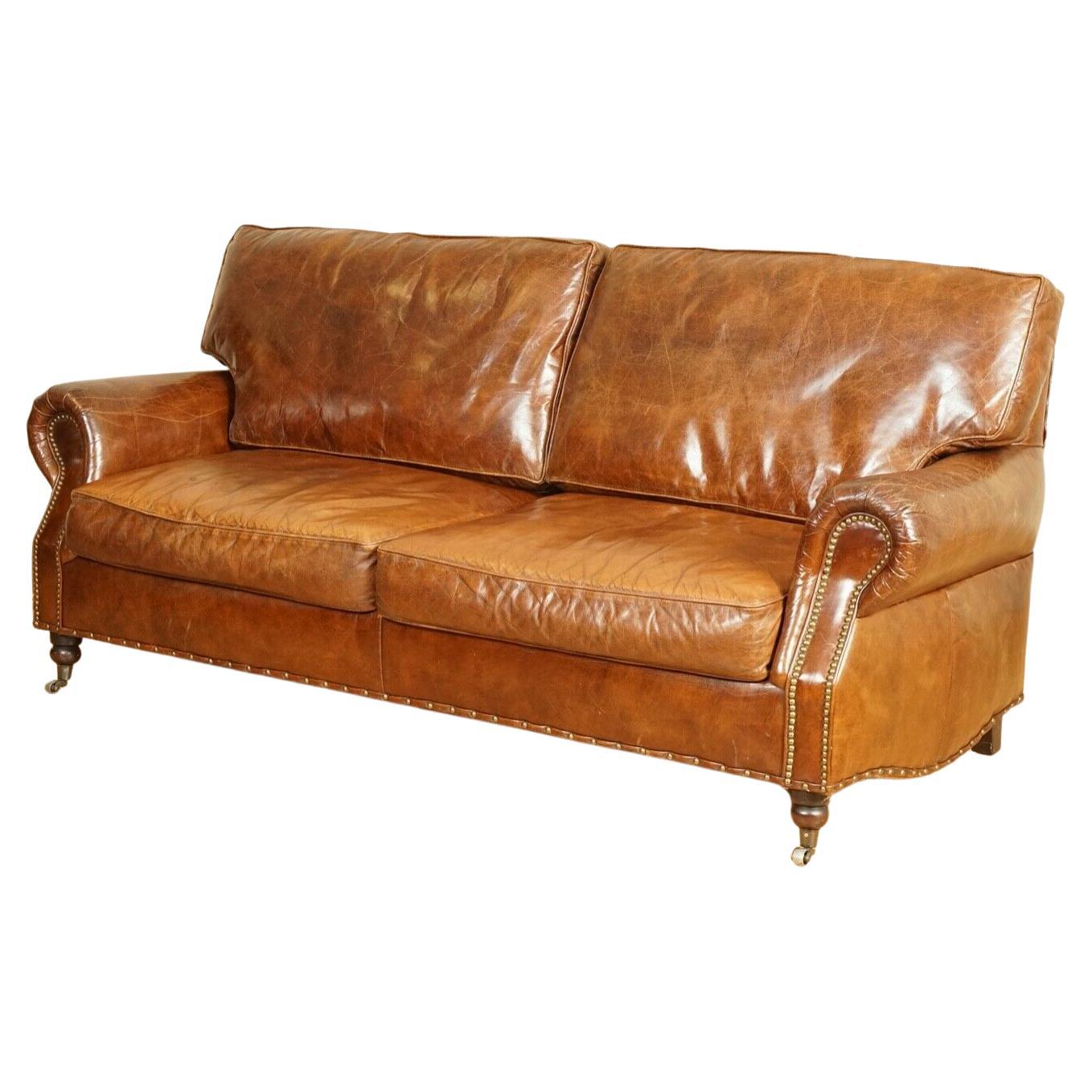 Timothy Oulton Cigar Brown Balmoral Leather Three Seater Club Sofa