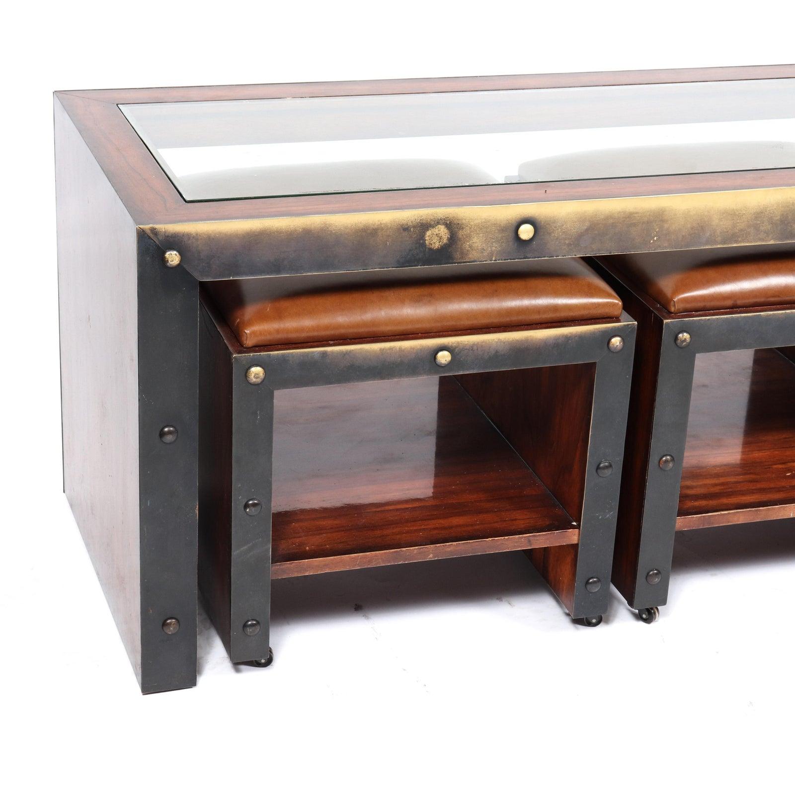 Timothy Oulton Modern Industrial Table and Ottoman Stools Set In Good Condition In Astoria, NY