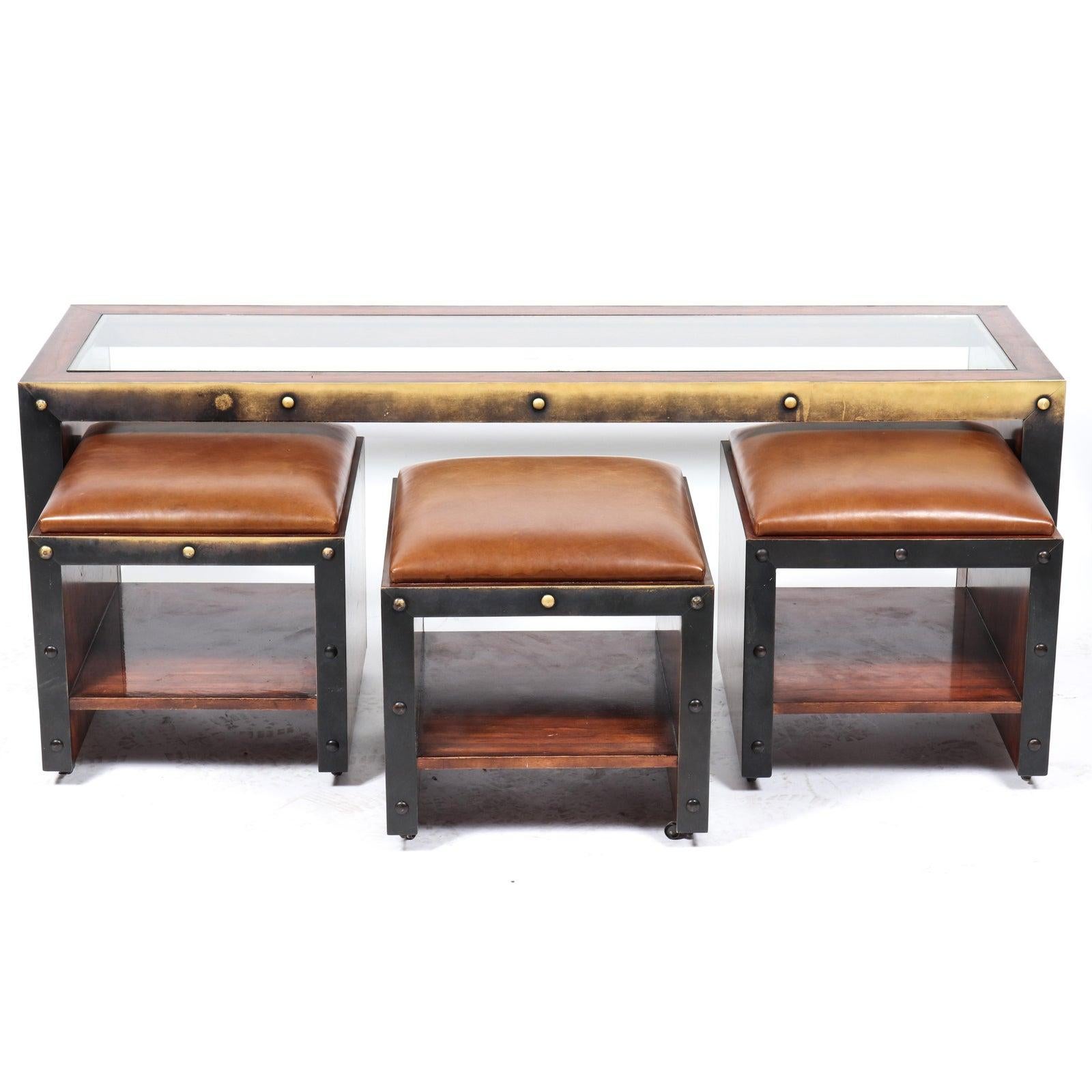 Timothy Oulton Modern Industrial Table and Ottoman Stools Set 1