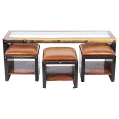 Vintage Timothy Oulton Modern Industrial Table and Ottoman Stools Set