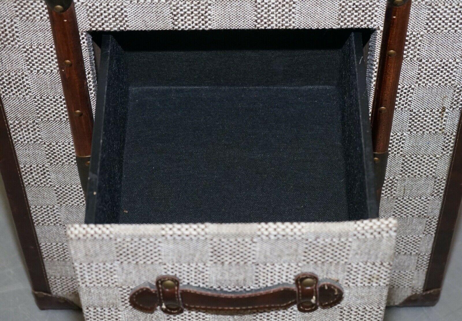 Timothy Oulton Style Grey Fabric Bedside Tables with Wood & Leather Detail 2