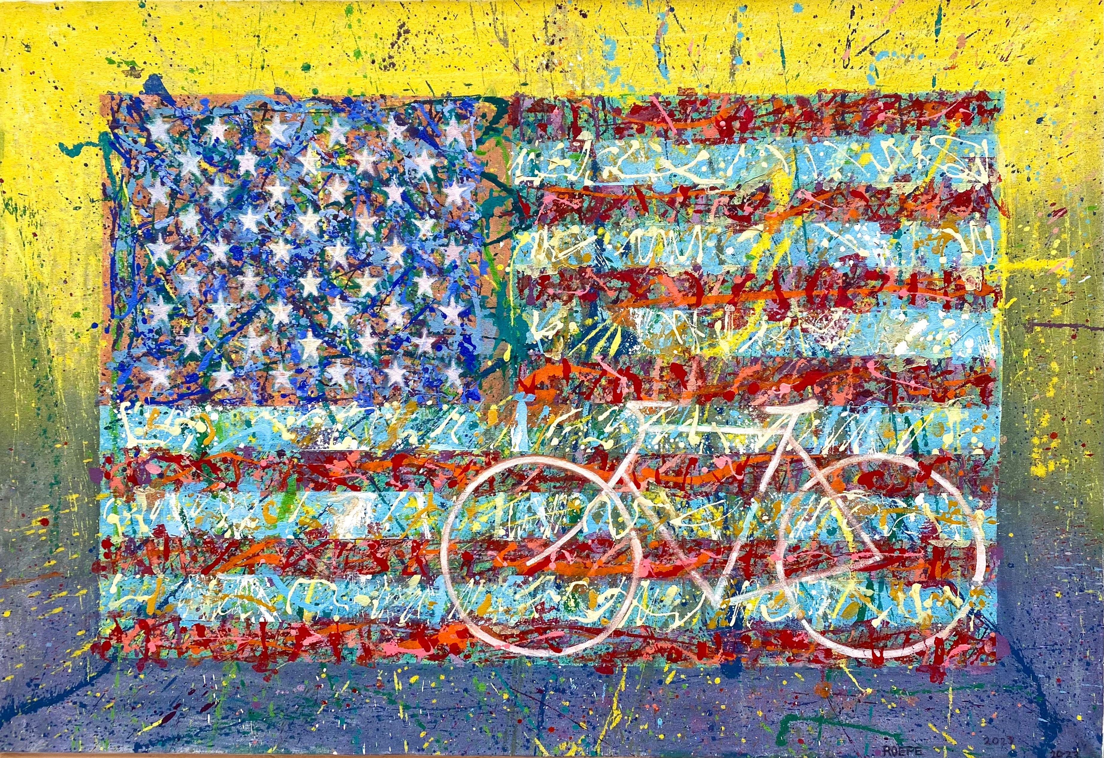 Original mixed media on canvas painting by the Hampton’s artist, Timothy Roepe.  Composed of graphite under drawing, archival inks and acrylic paint on canvas. Signed lower right and dated 2023.  Condition is excellent.  Titled “Flag Series 5”. 