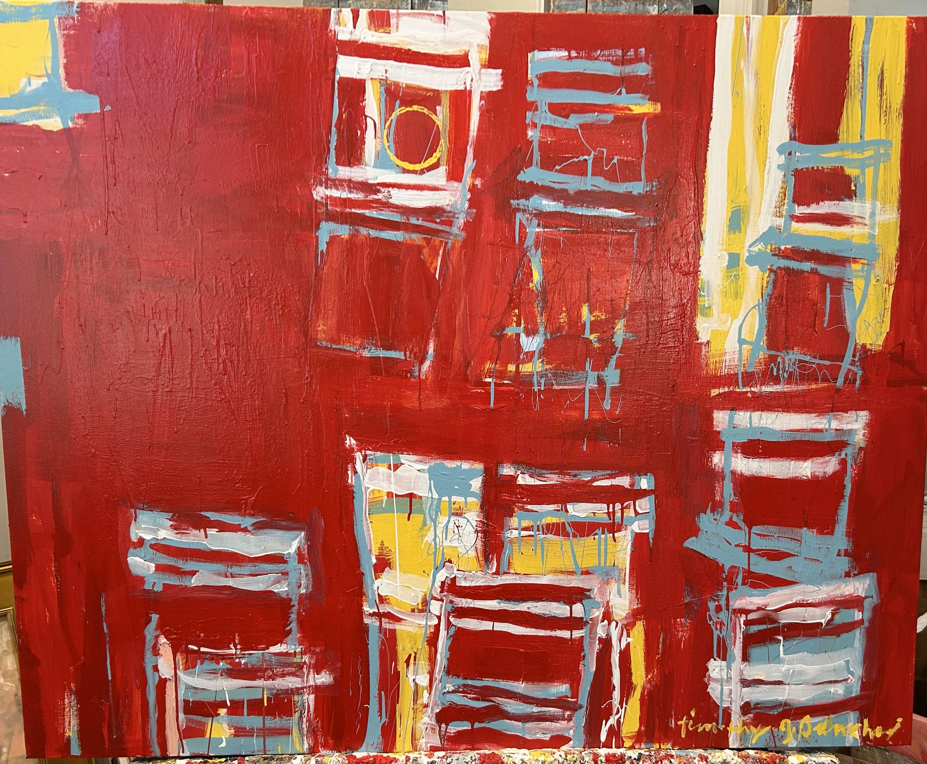 Timothy Sanchez Abstract Painting - Garden Chairs in a Red Garden 48 X 60