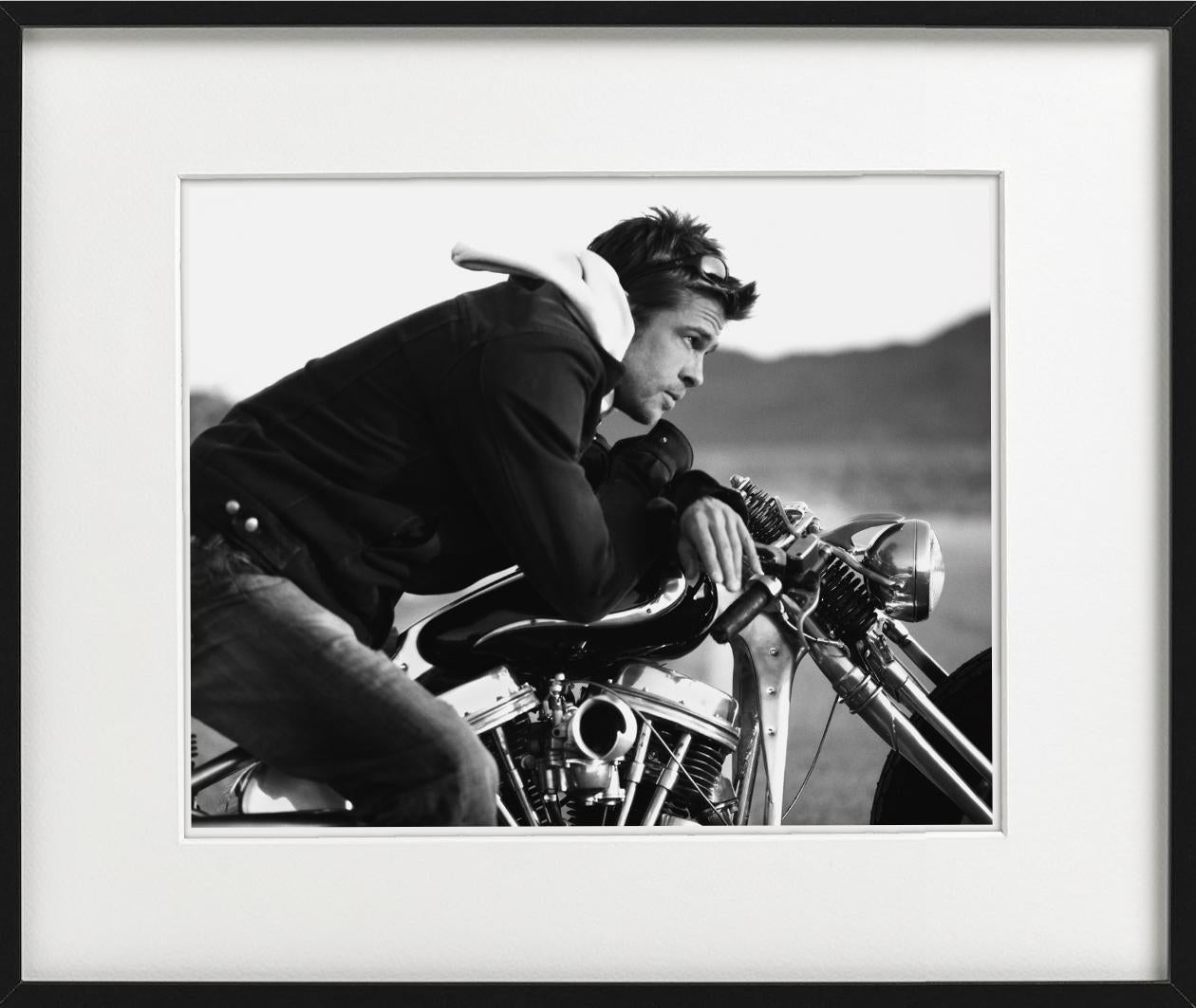Brad Pitt - b&w portrait of the actor on a motorcycle, fine art photography 2005 - Photograph by Timothy White