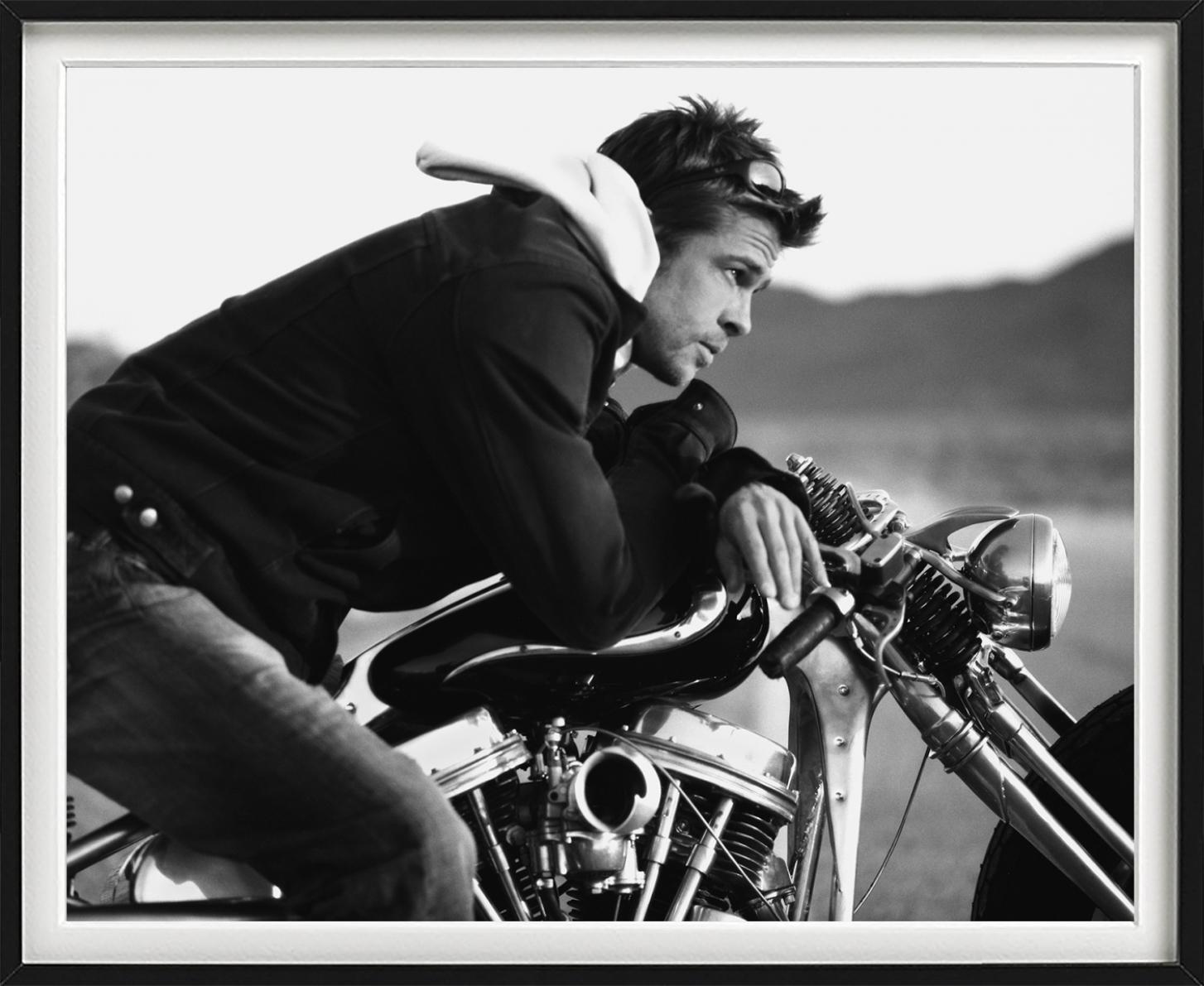 Brad Pitt - b&w portrait of the actor on a motorcycle, fine art photography 2005 - Gray Black and White Photograph by Timothy White