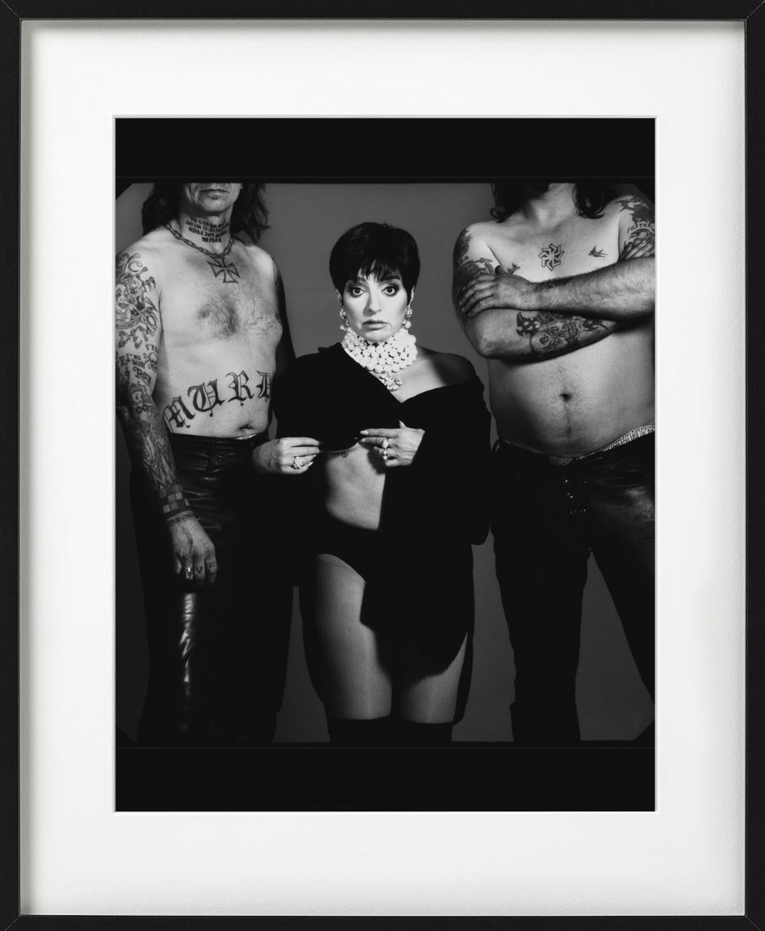 'Liza Minnelli' - in pearls posing with two men, fine art photography, 1996 - Black Black and White Photograph by Timothy White