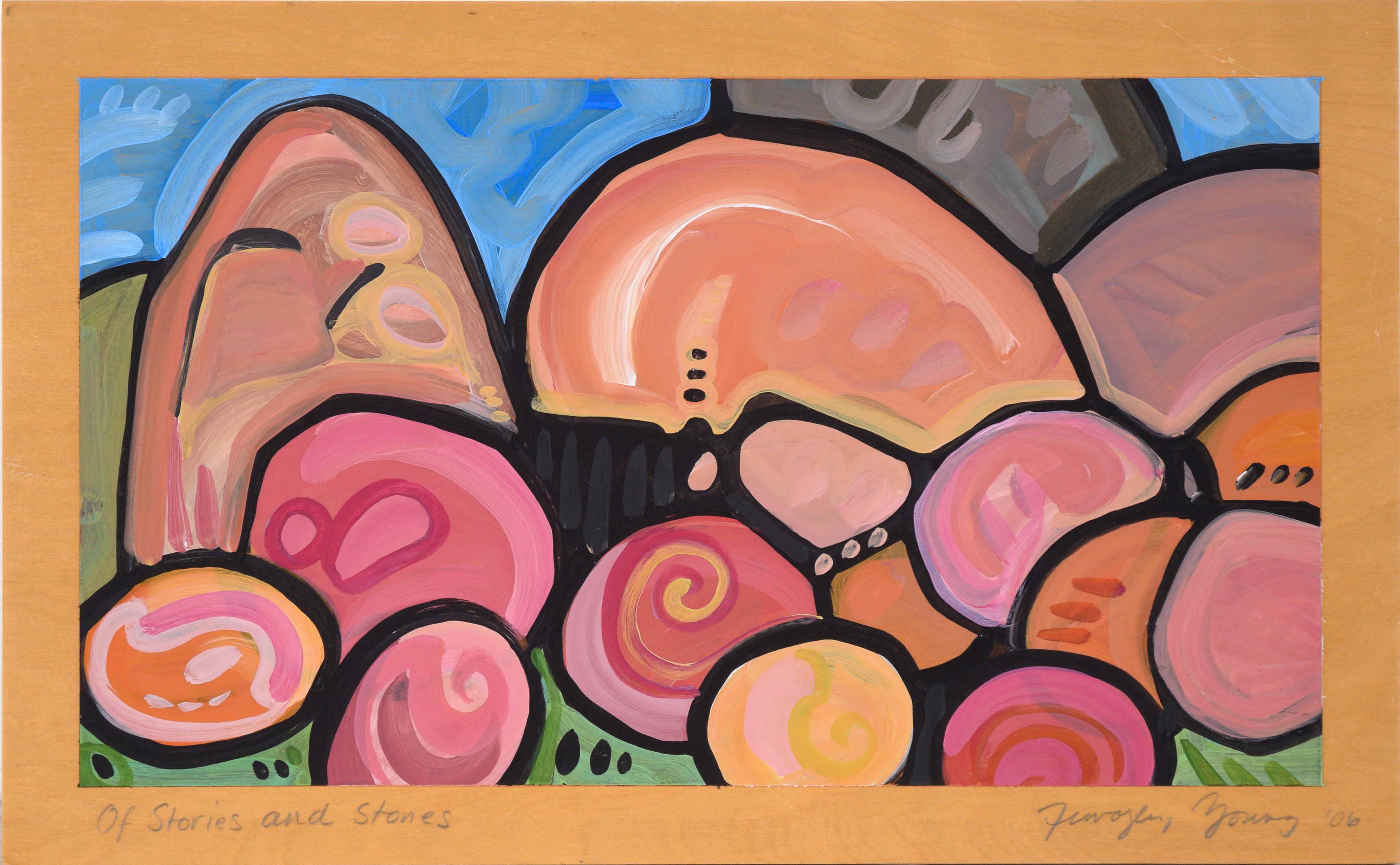 Timothy Young Abstract Painting - "Of Stories and Stones" Whimsical Landscape in Acrylic on Wood Panel
