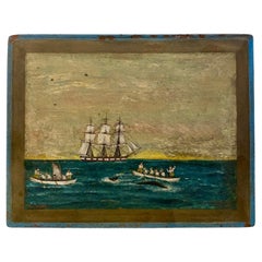 Tin Biscuit Box with Hand Painted Whaling Scene, circa 1920s