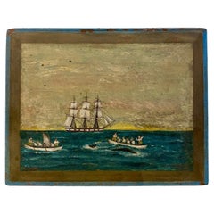 Antique Tin Biscuit Box with Hand Painted Whaling Scene, circa 1920s