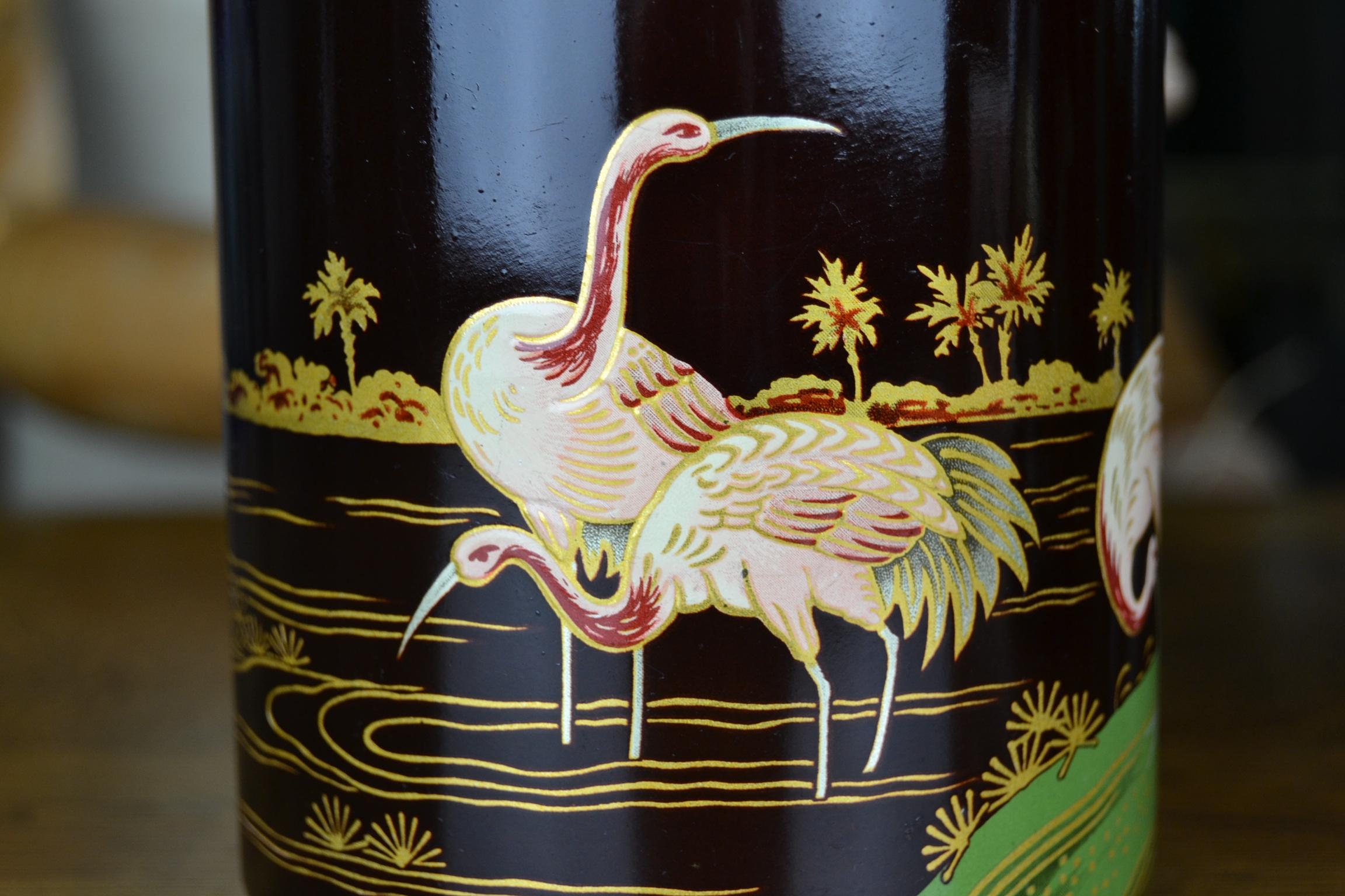 Art Nouveau Tin Boxes with Flamingo and Cranes, Oriental Style